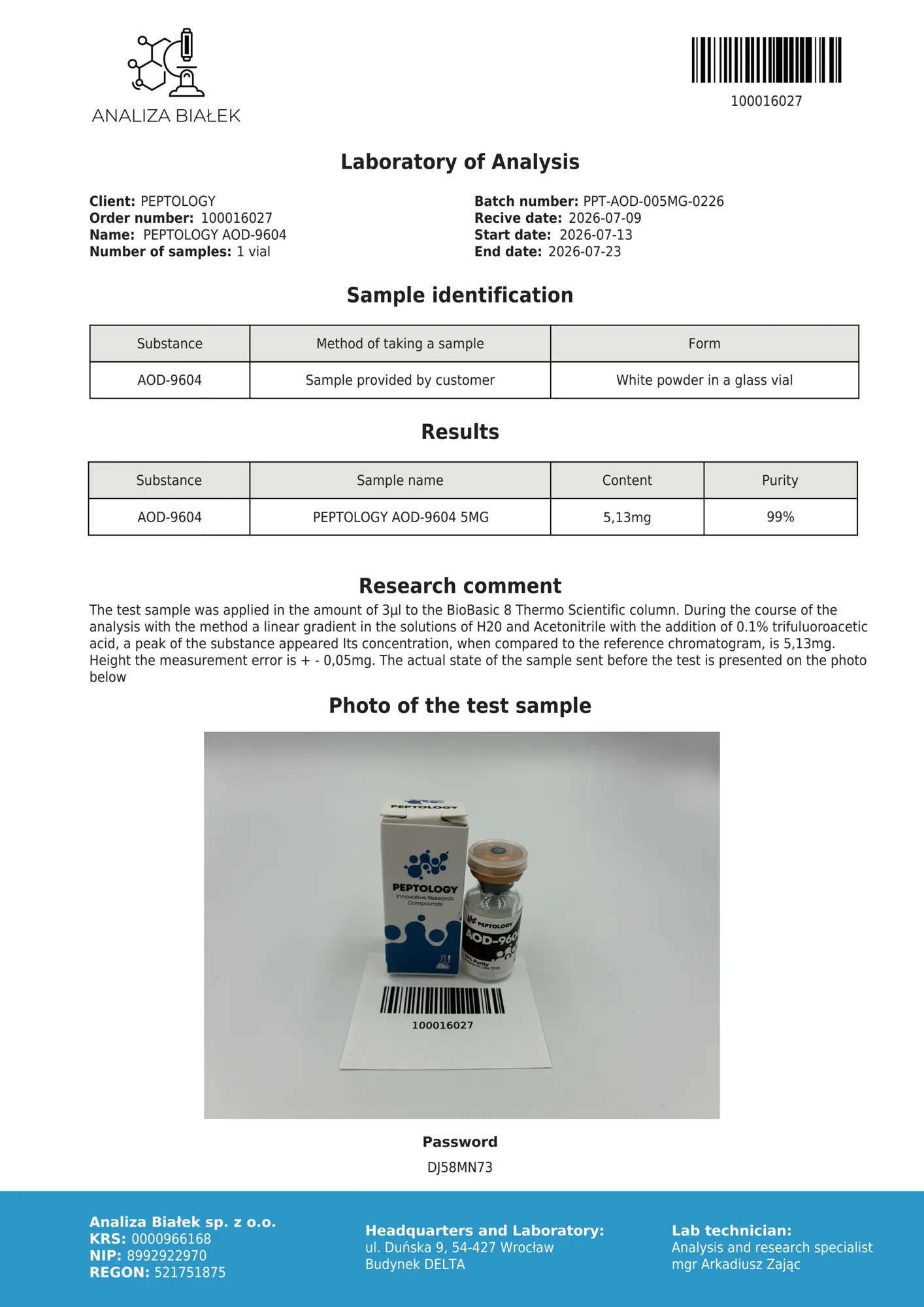AOD-9604 5 mg – HPLC tisztasági tanúsítvány, tétel 0226