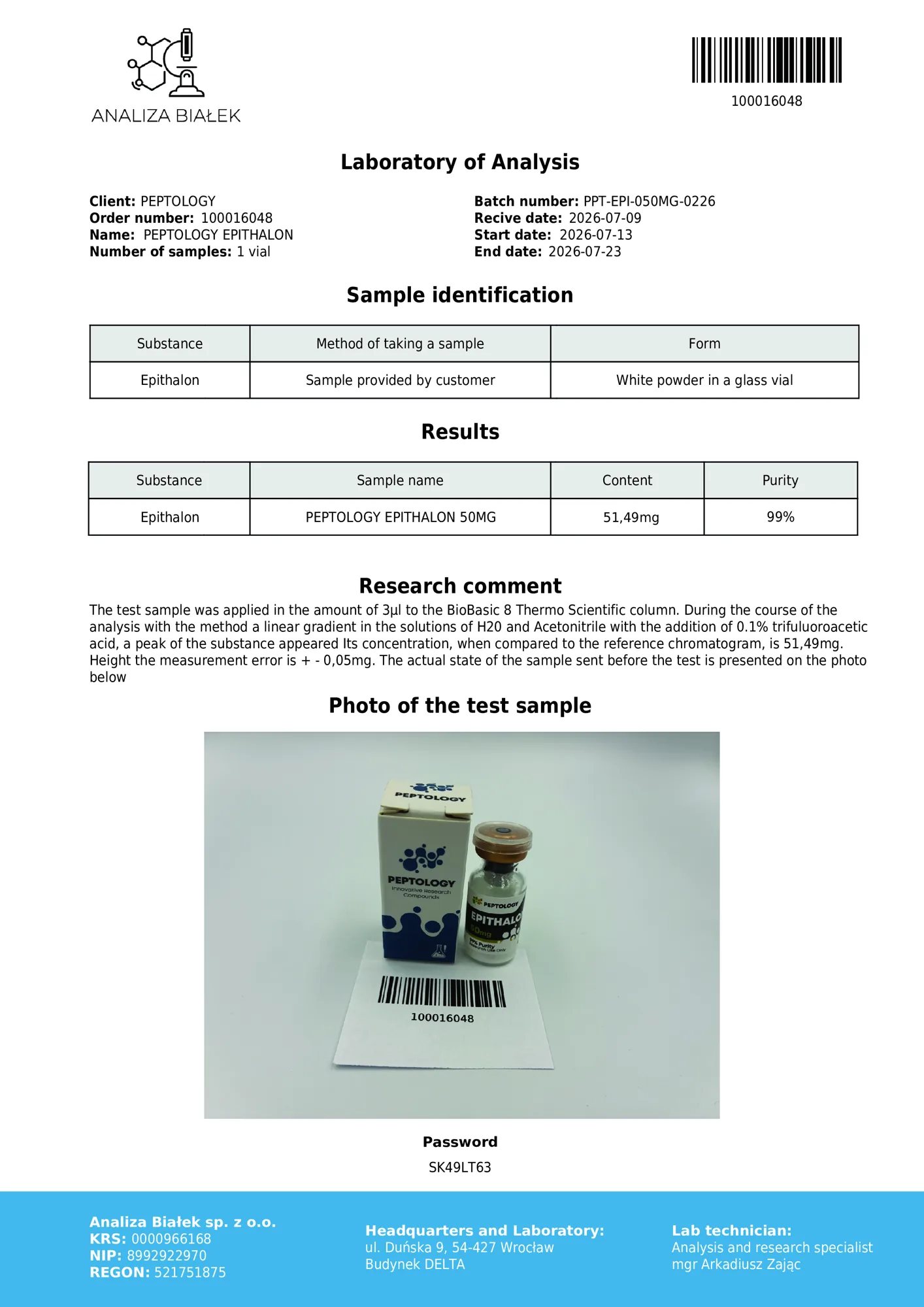 Epithalon 50 mg – HPLC tisztasági tanúsítvány, tétel 0226