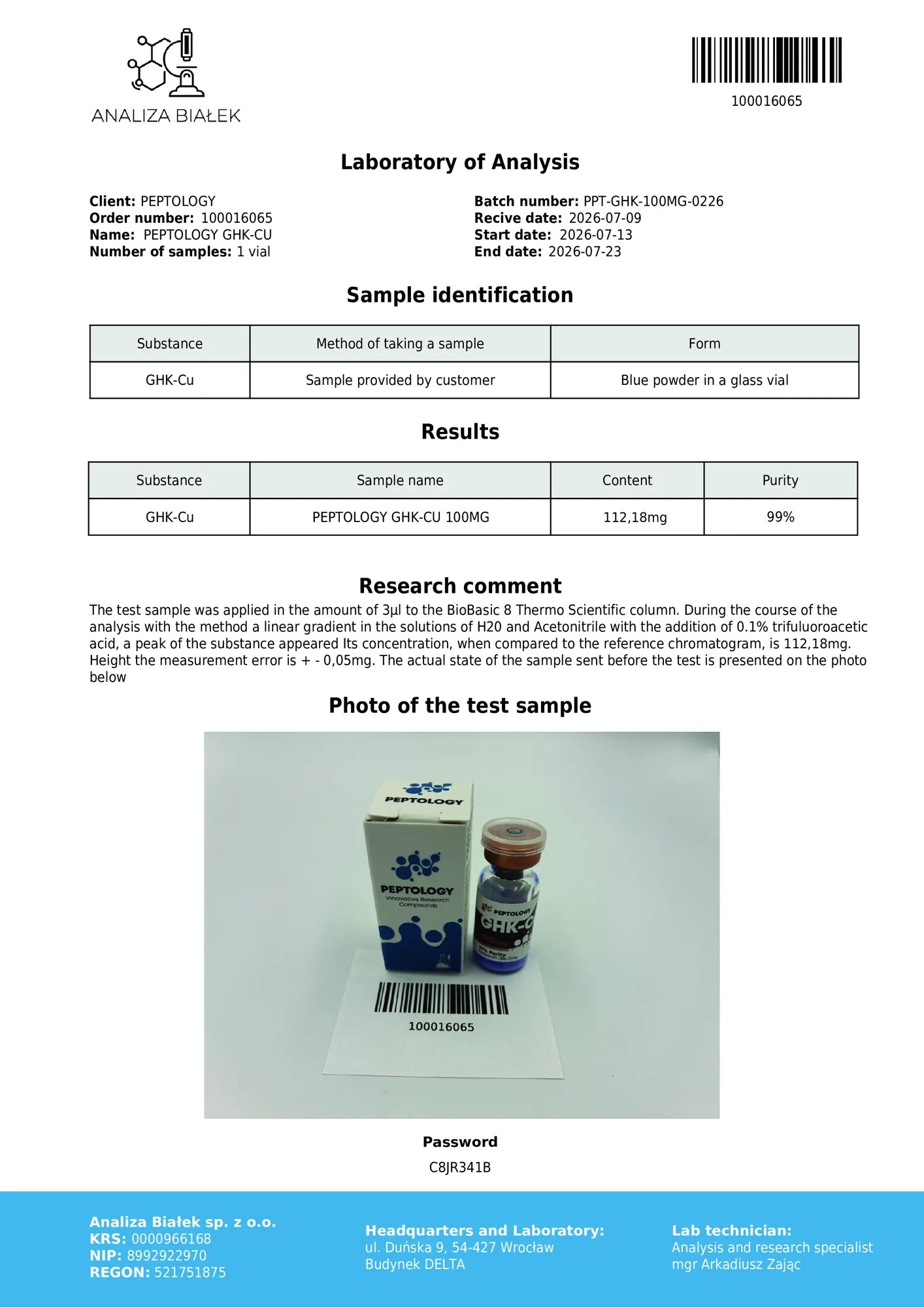 GHK-Cu 100 mg – HPLC tisztasági tanúsítvány, tétel 0226