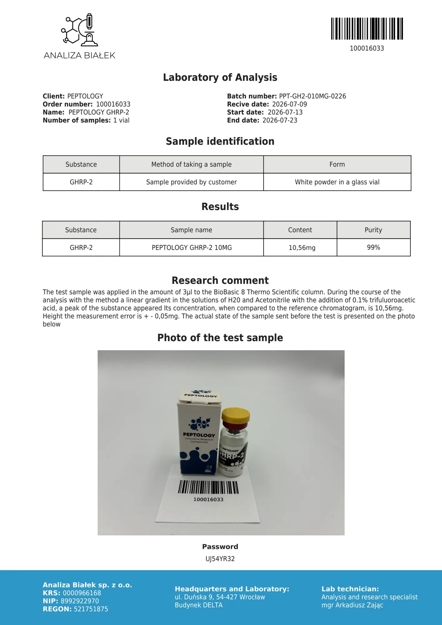 GHRP-2 10 mg – HPLC tisztasági tanúsítvány, tétel 0226