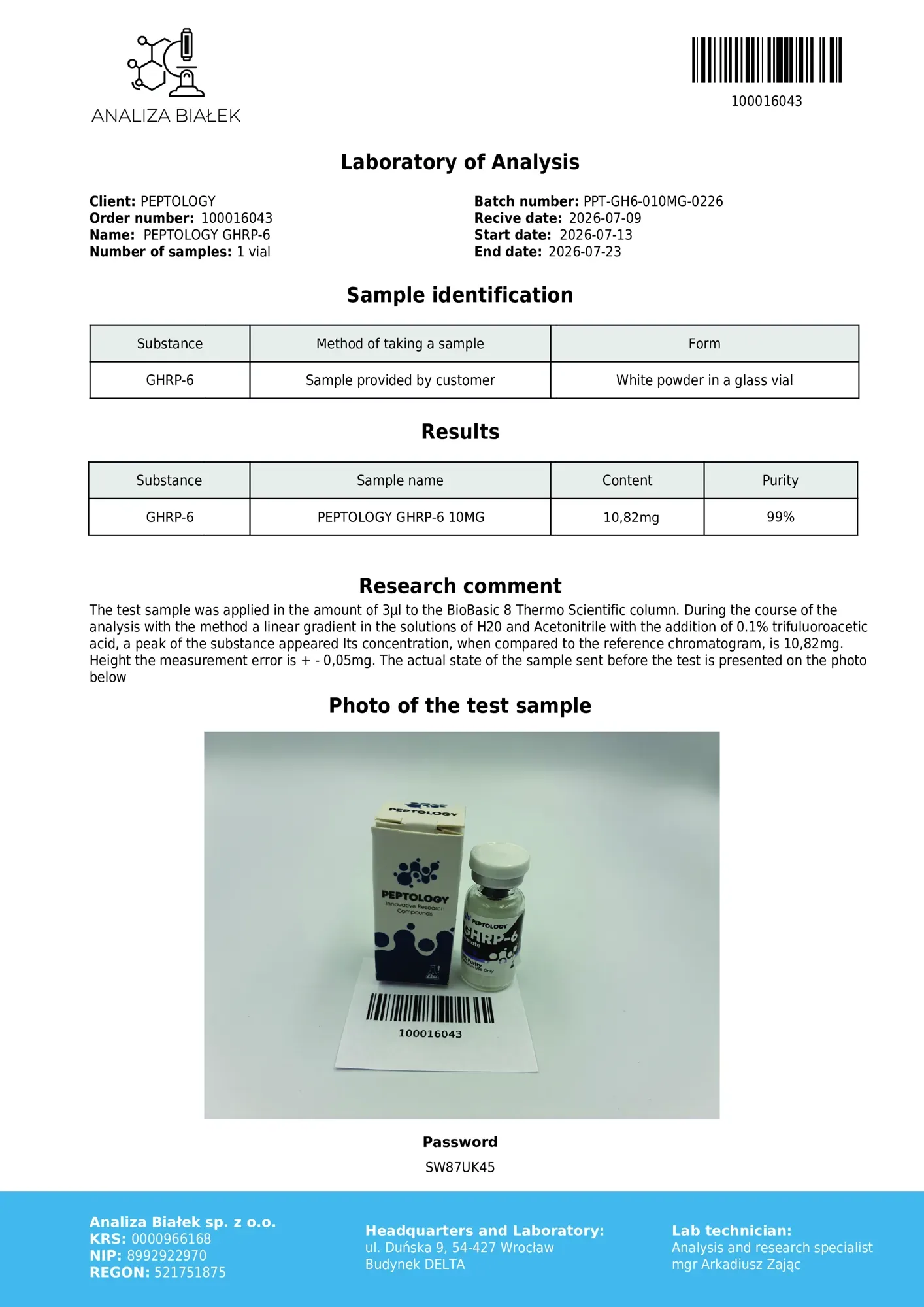 GHRP-6 10 mg – HPLC tisztasági tanúsítvány, tétel 0226