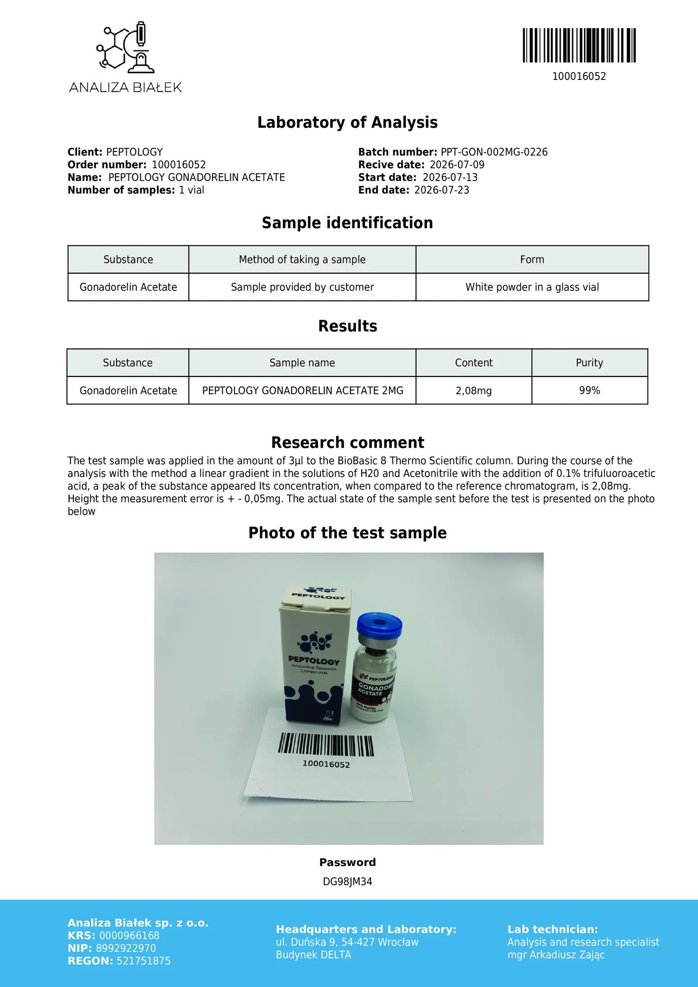 Gonadorelin 2 mg – HPLC tisztasági tanúsítvány, tétel 0226