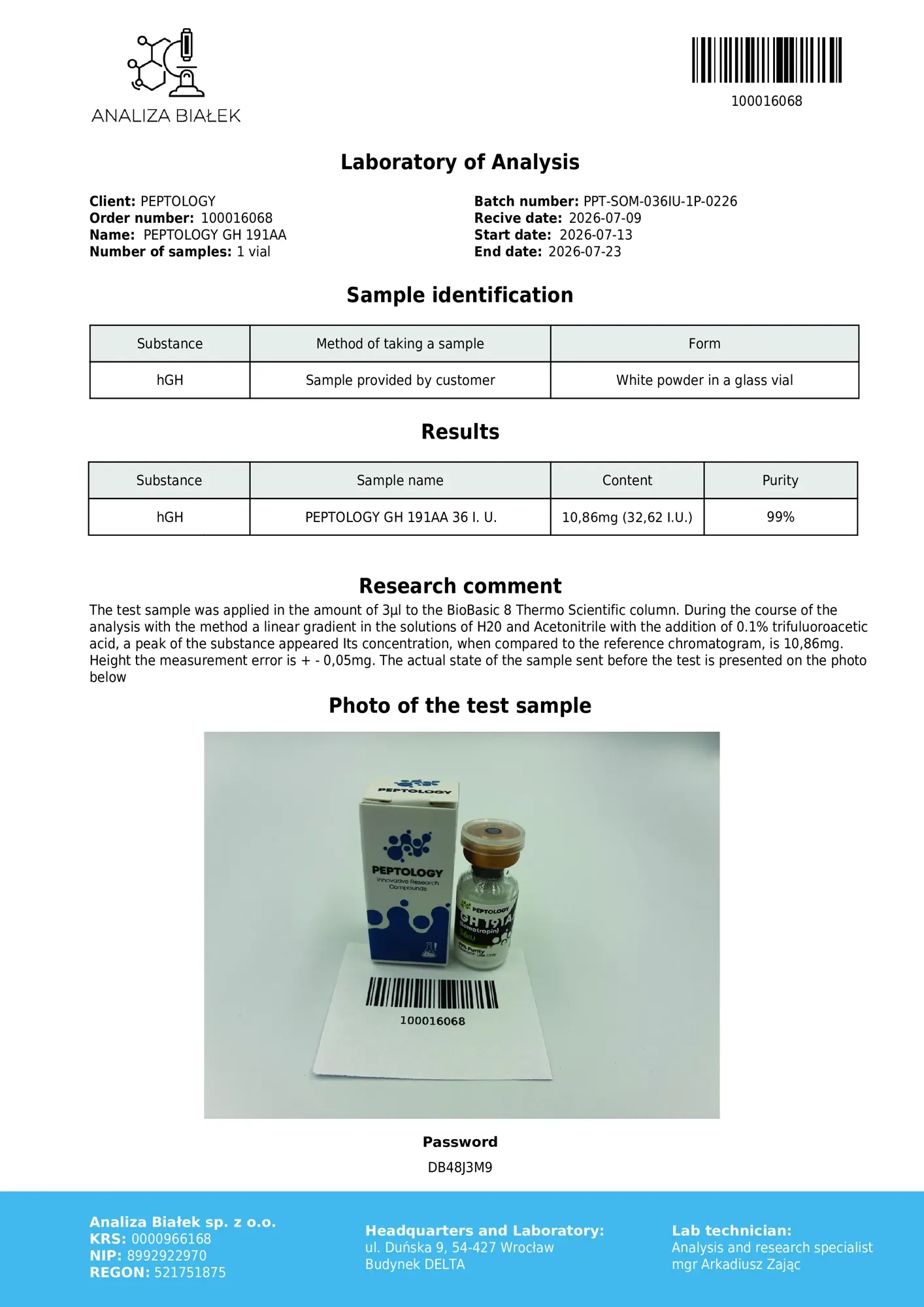 Somatropin 36 IU – HPLC tisztasági tanúsítvány, tétel 0226