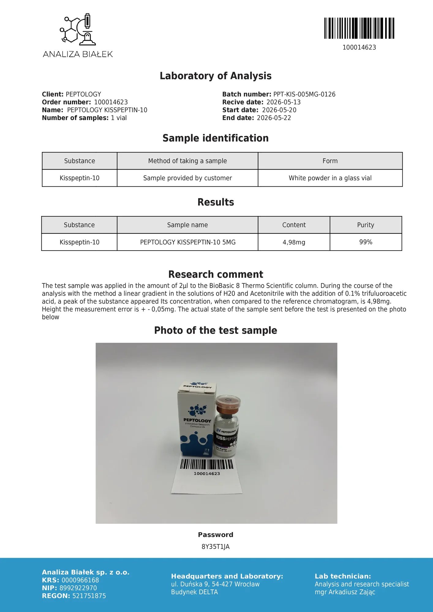 Kisspeptin-10 5 mg – HPLC tisztasági tanúsítvány, tétel 0126