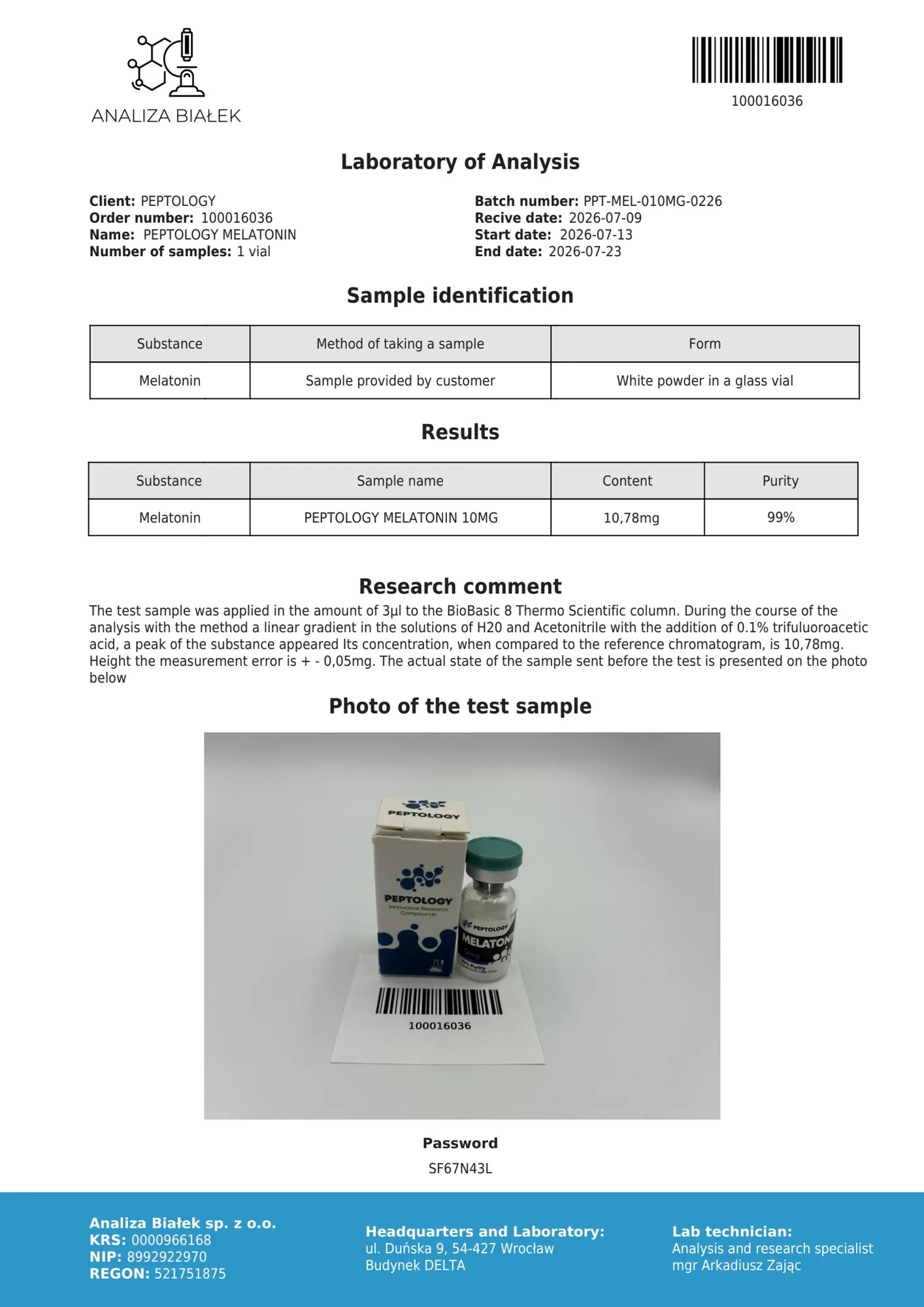 Melatonin 10 mg – HPLC tisztasági tanúsítvány, tétel 0226