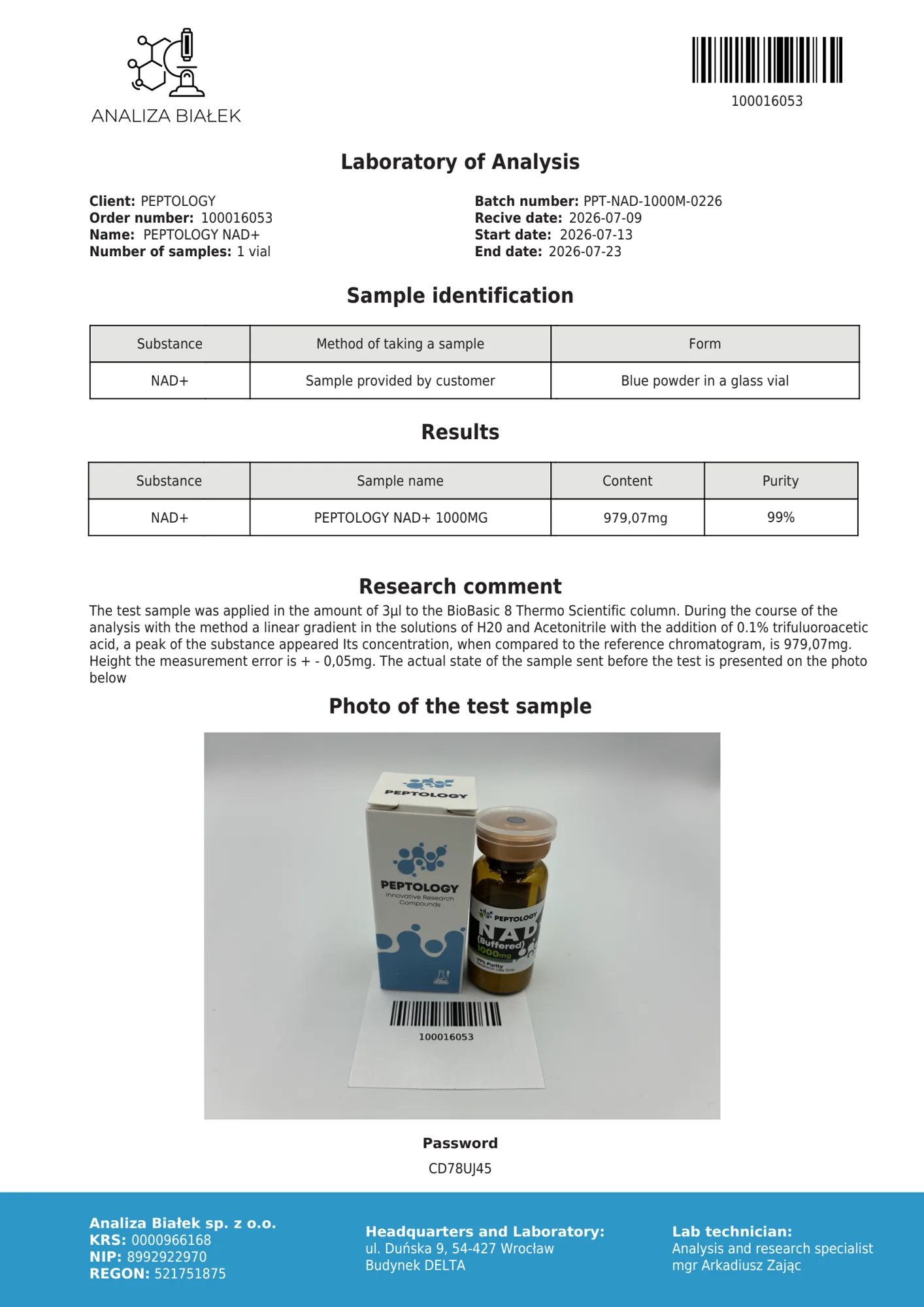 NAD+ 1000 mg – HPLC tisztasági tanúsítvány, tétel 0226