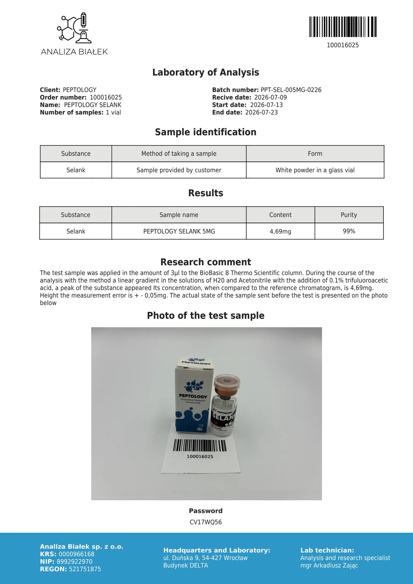 Selank 5 mg – HPLC tisztasági tanúsítvány, tétel 0226