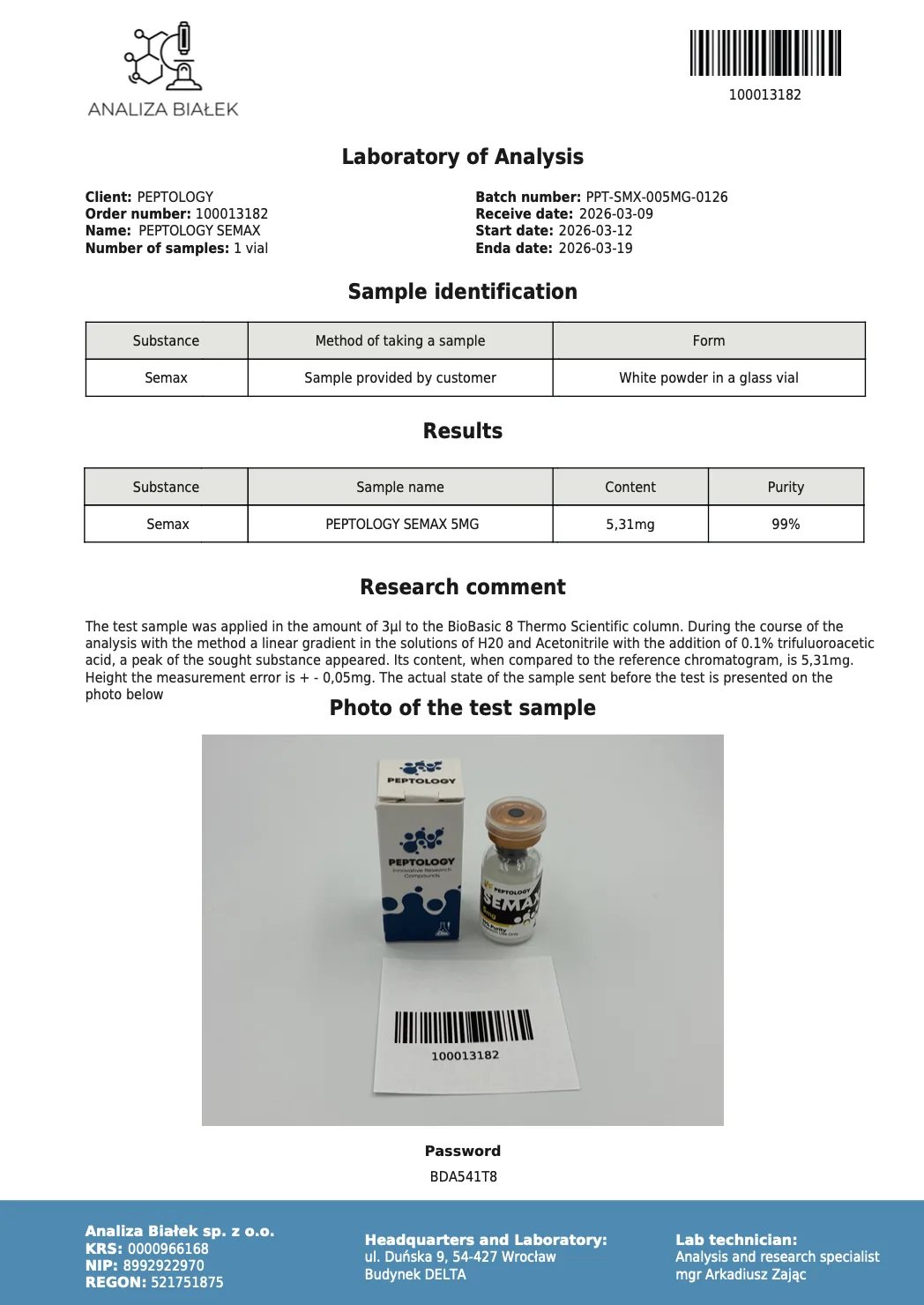 Semax 5 mg – HPLC tisztasági tanúsítvány, tétel 0126
