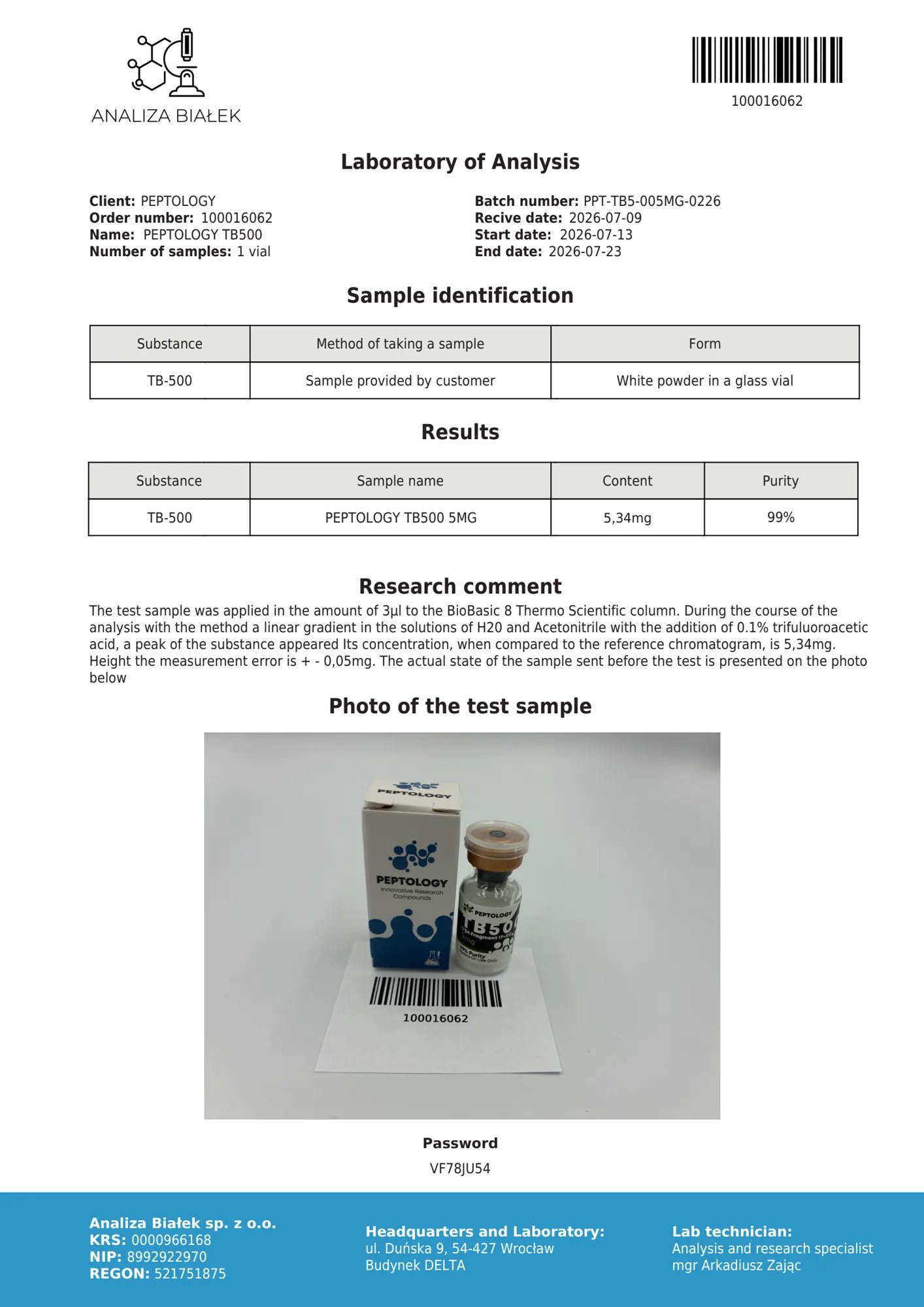 TB500 5 mg – HPLC tisztasági tanúsítvány, tétel 0226