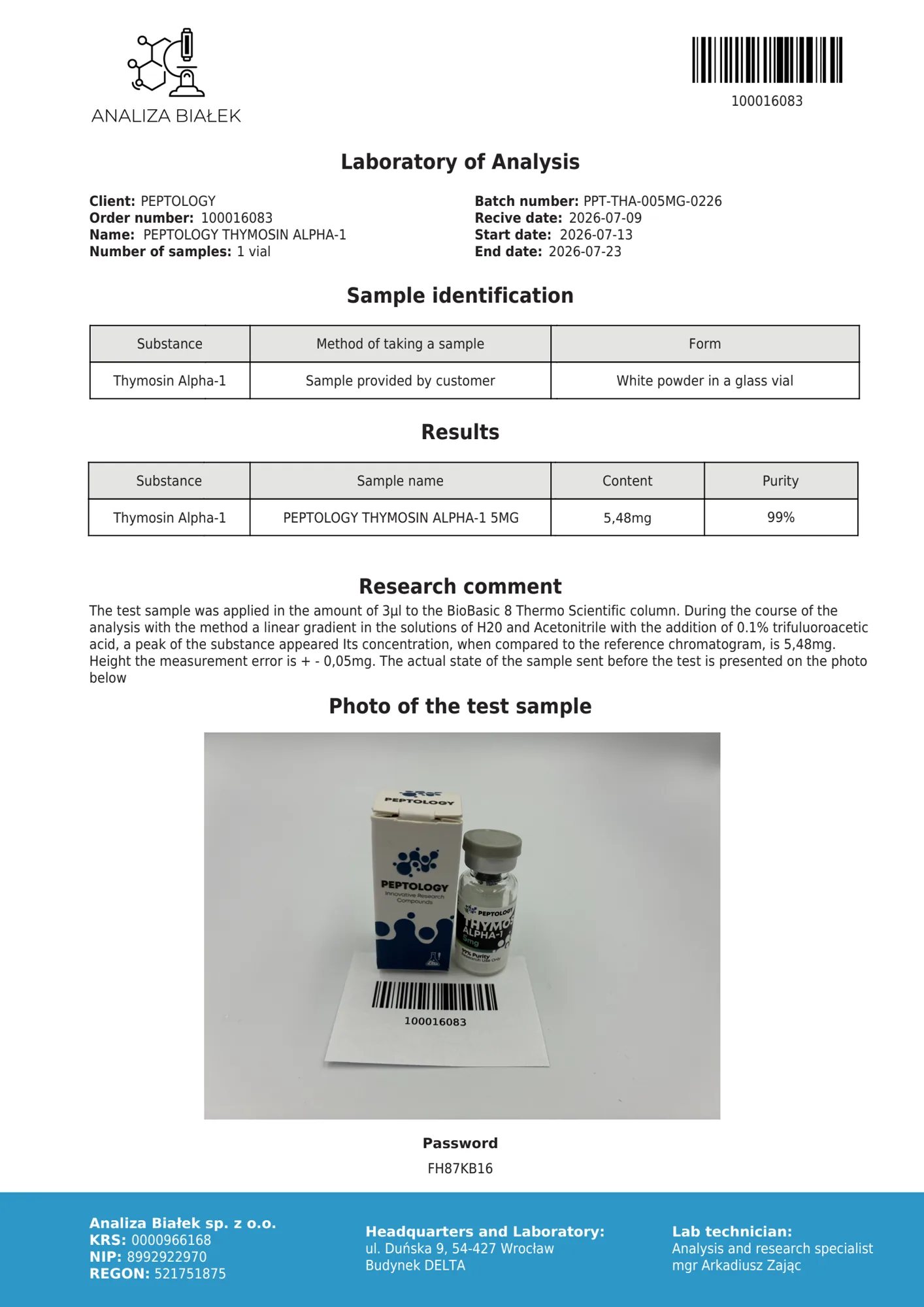 Thymosin Alpha-1 5 mg – HPLC tisztasági tanúsítvány, tétel 0226