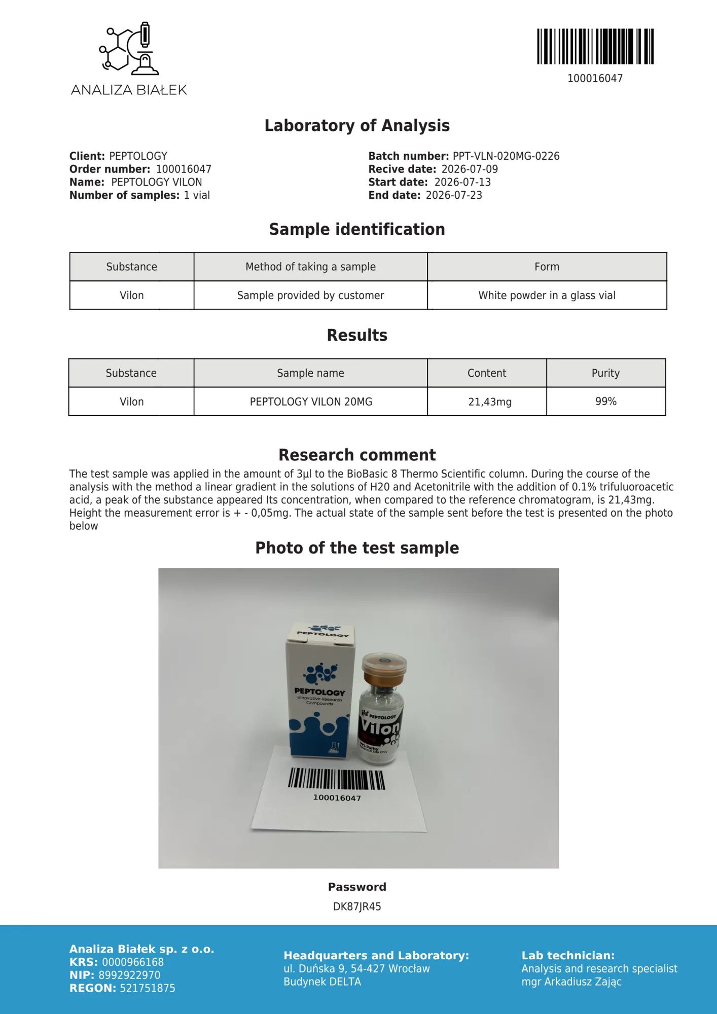 Vilon 20 mg – HPLC tisztasági tanúsítvány, tétel 0226