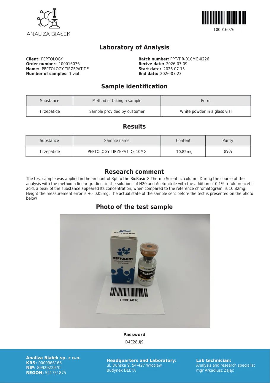 Tirzepatide 10 mg – HPLC tisztasági tanúsítvány, tétel 0226