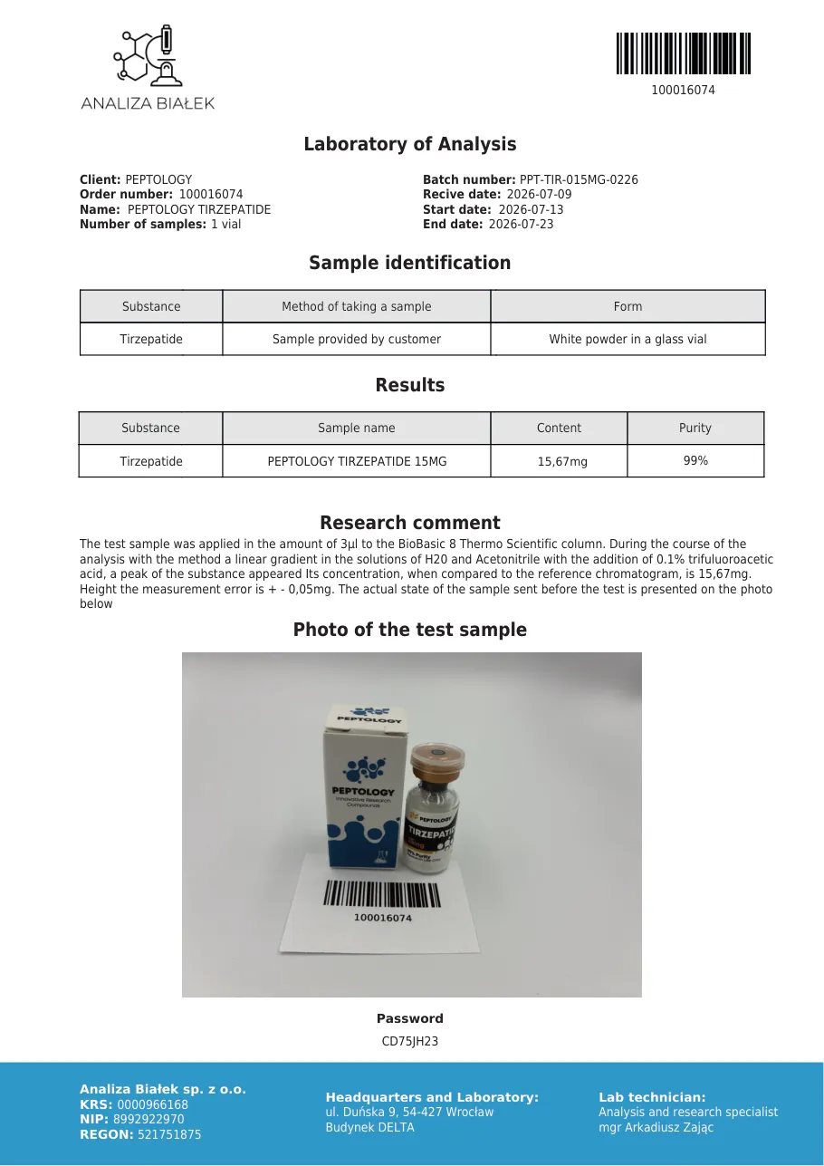 Tirzepatide 15 mg – HPLC tisztasági tanúsítvány, tétel 0226