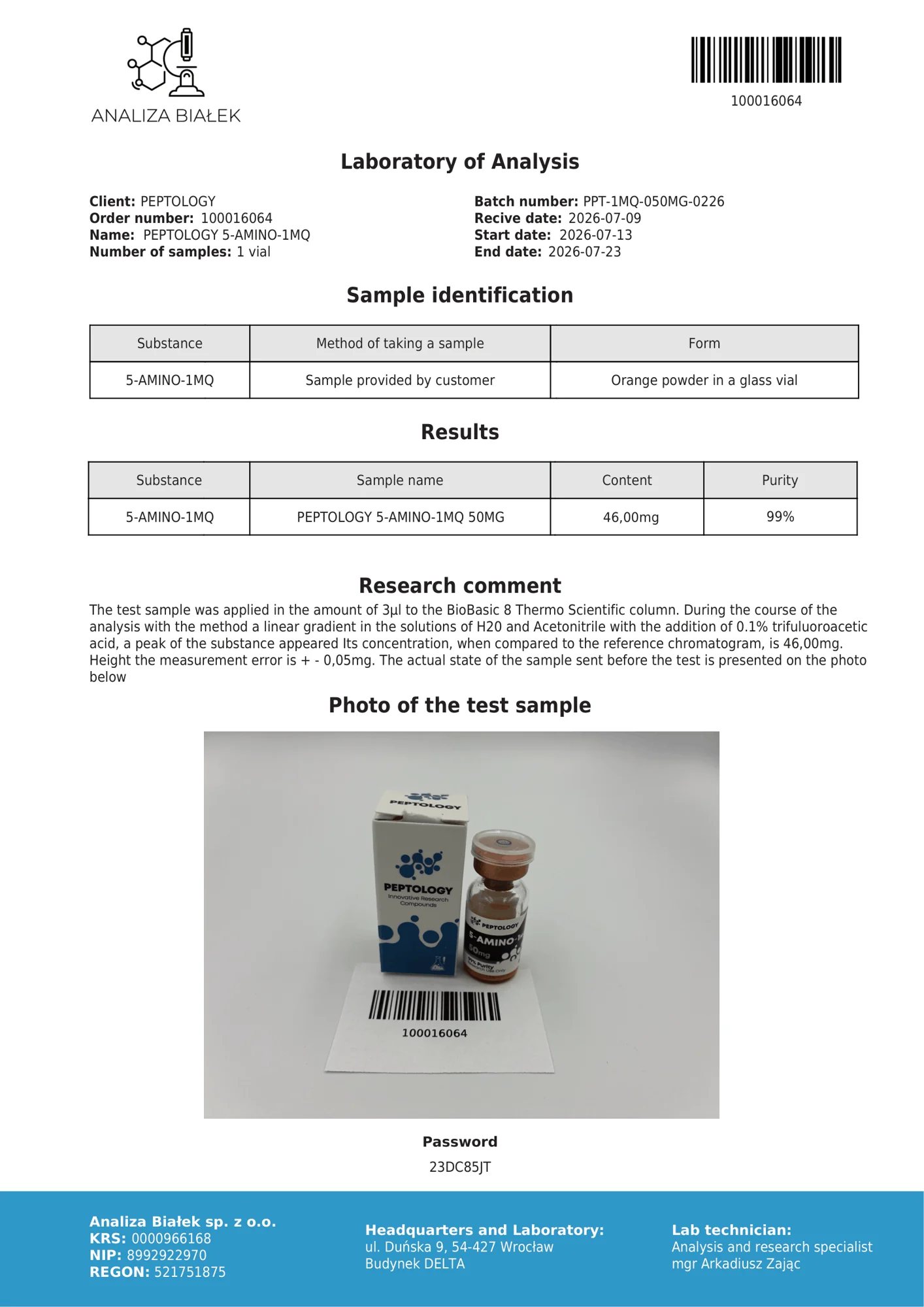 5-Amino-1MQ 50 mg – HPLC tisztasági tanúsítvány, tétel 0226