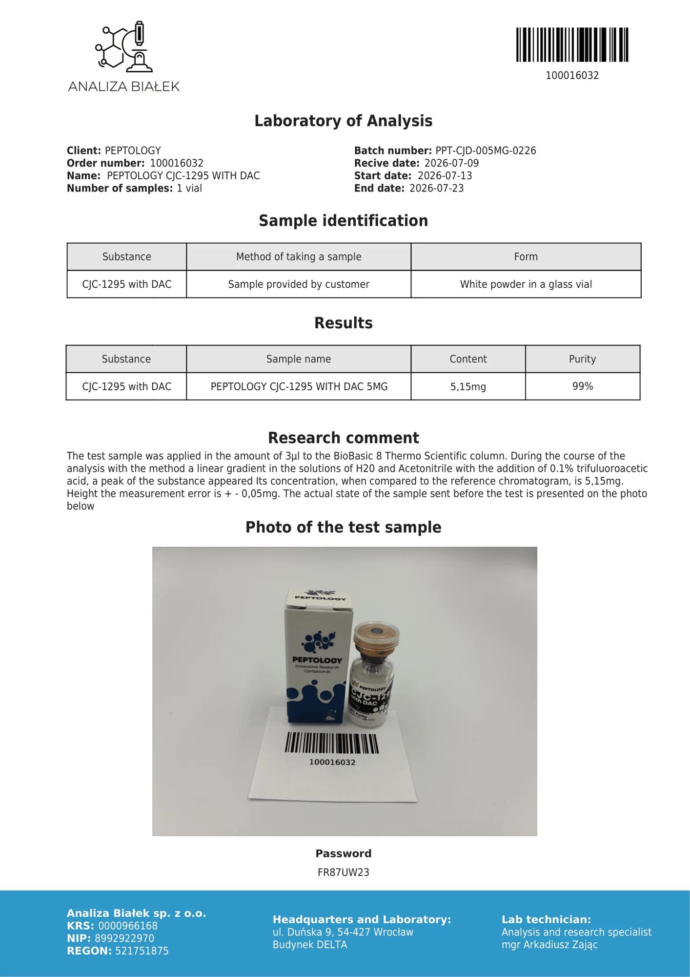 CJC‑1295 DAC-kal 5 mg – HPLC tisztasági tanúsítvány, tétel 0226