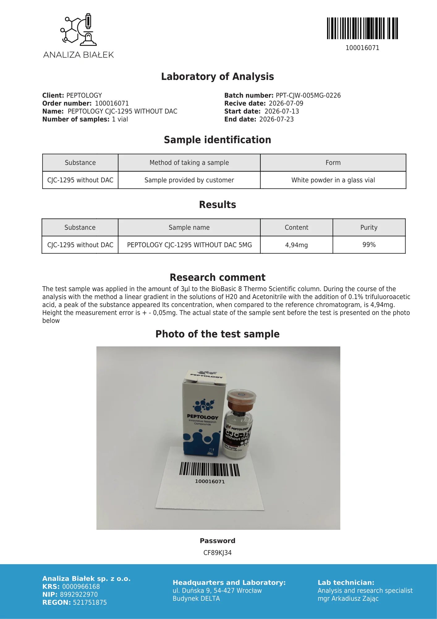 CJC‑1295 DAC nélkül 5 mg – HPLC tisztasági tanúsítvány, tétel 0226