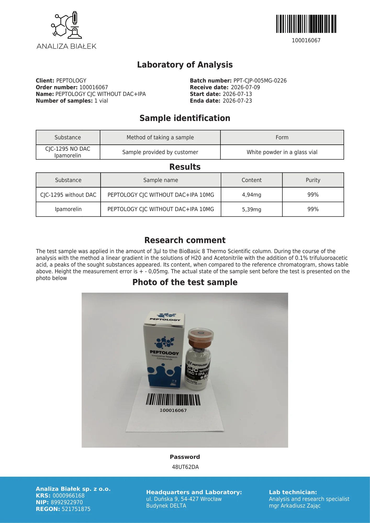 CJC-1295 + Ipamorelin 10 mg – HPLC tisztasági tanúsítvány, tétel 0226