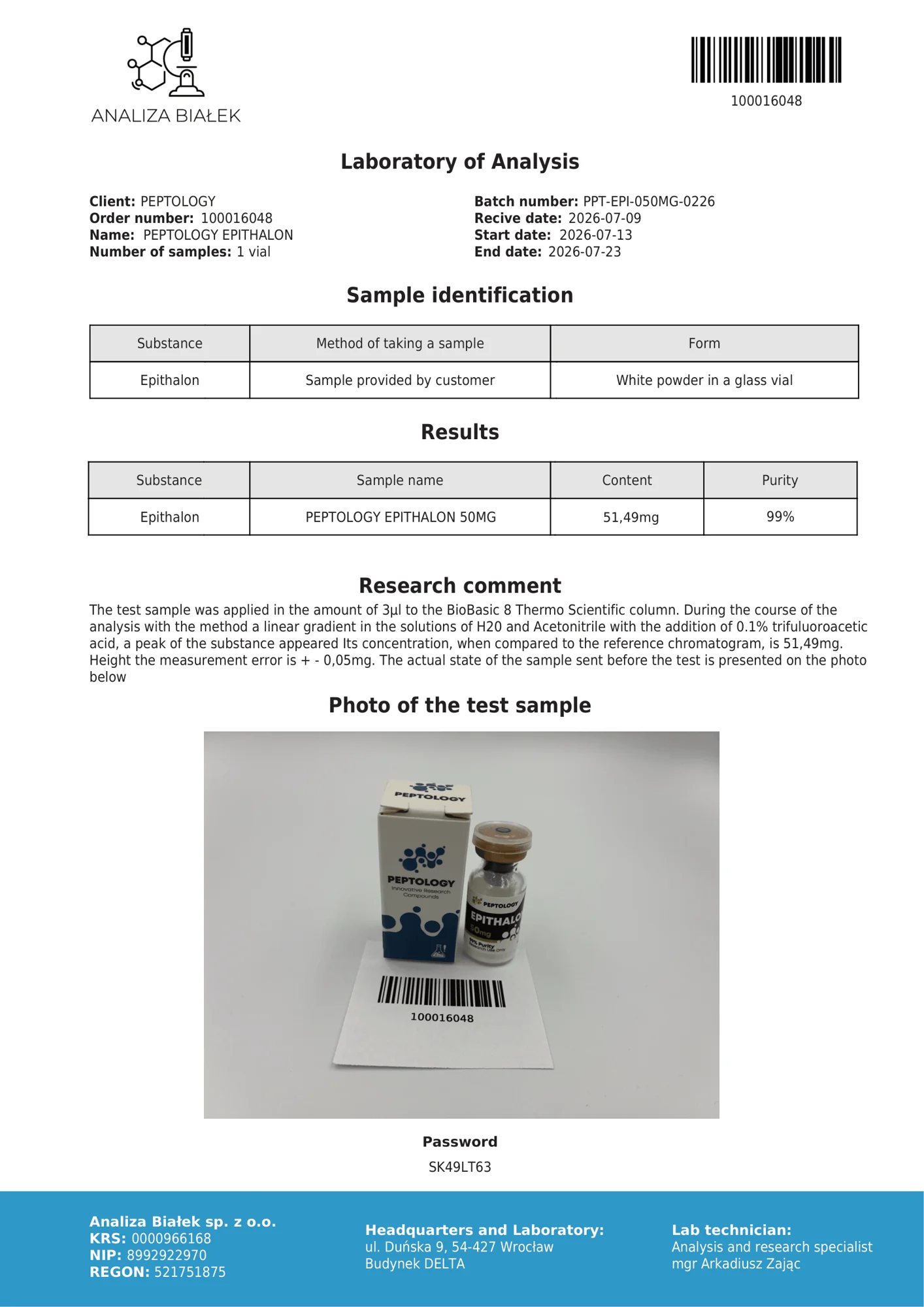 Epithalon 50 mg – HPLC tisztasági tanúsítvány, tétel 0226