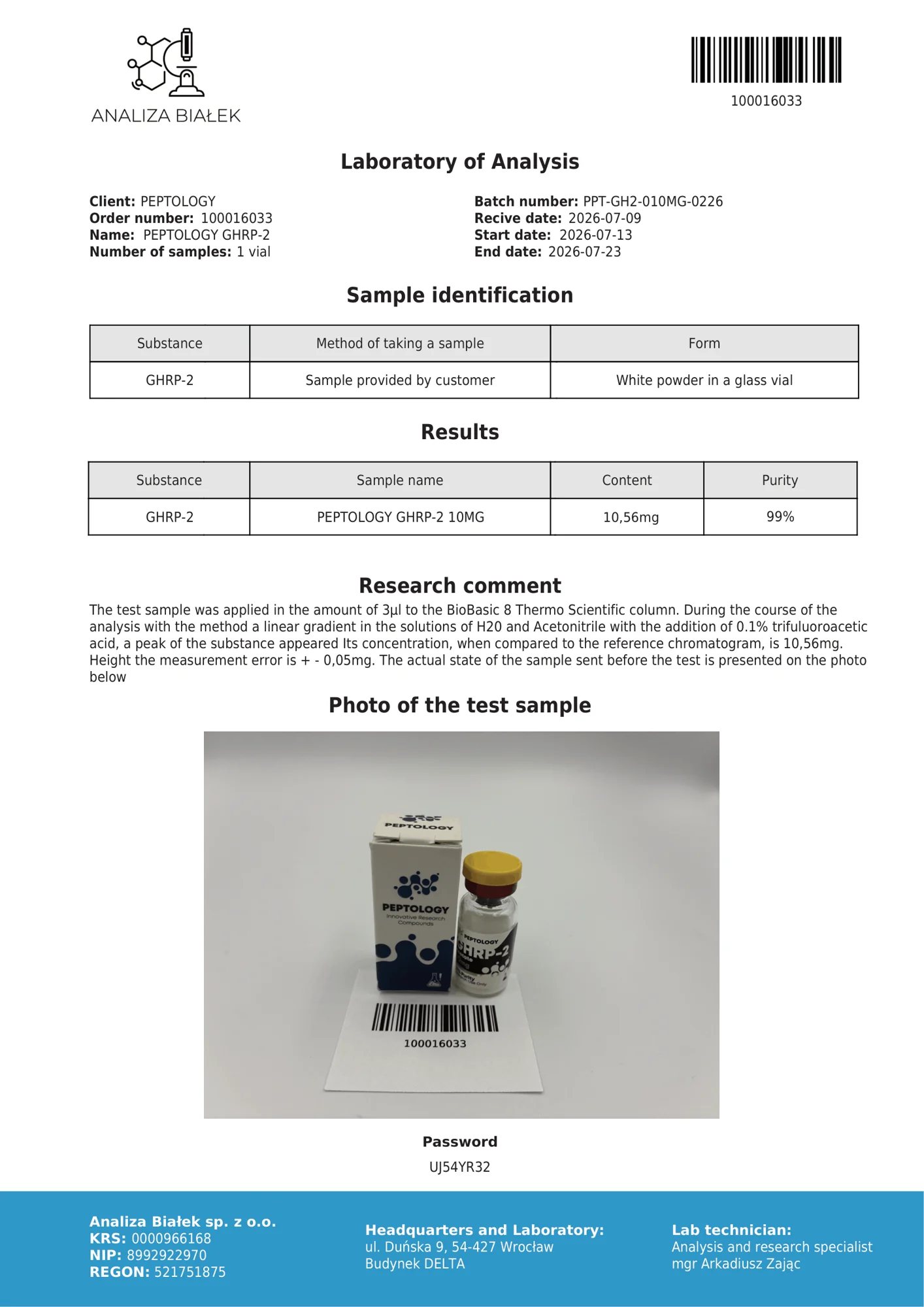 GHRP-2 10 mg – HPLC tisztasági tanúsítvány, tétel 0226