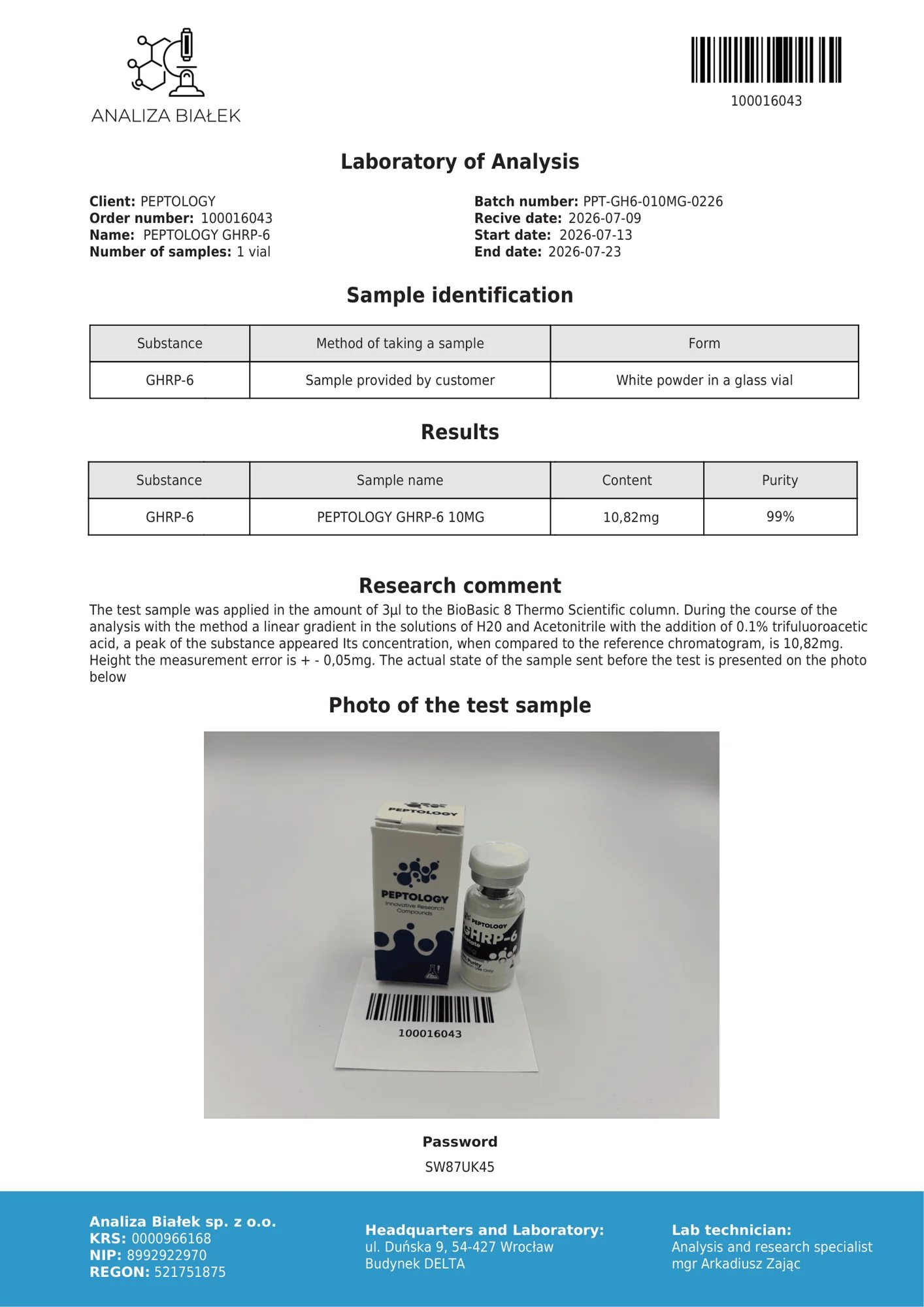 GHRP-6 10 mg – HPLC tisztasági tanúsítvány, tétel 0226