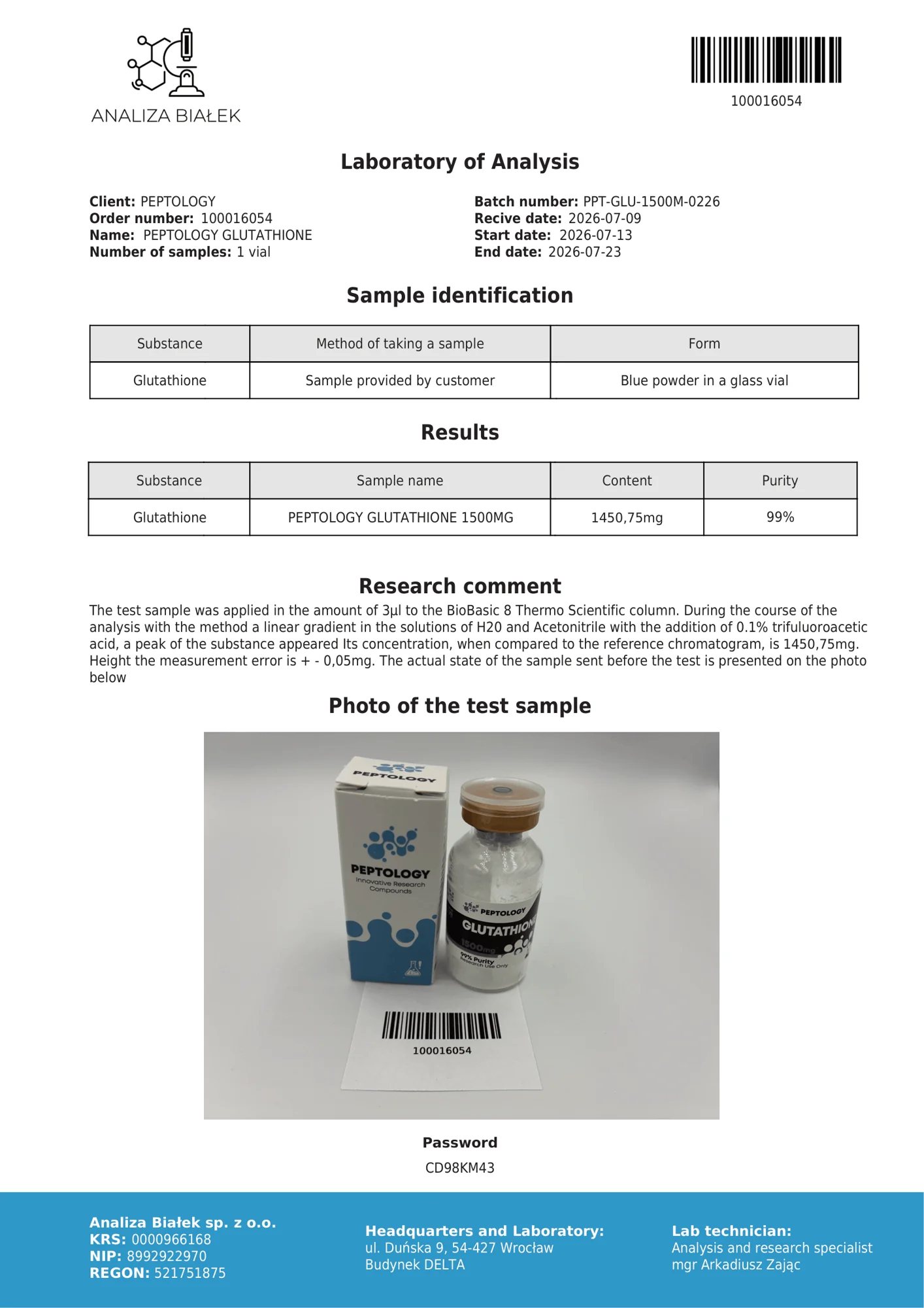 Glutathione 1500 mg – HPLC tisztasági tanúsítvány, tétel 0226
