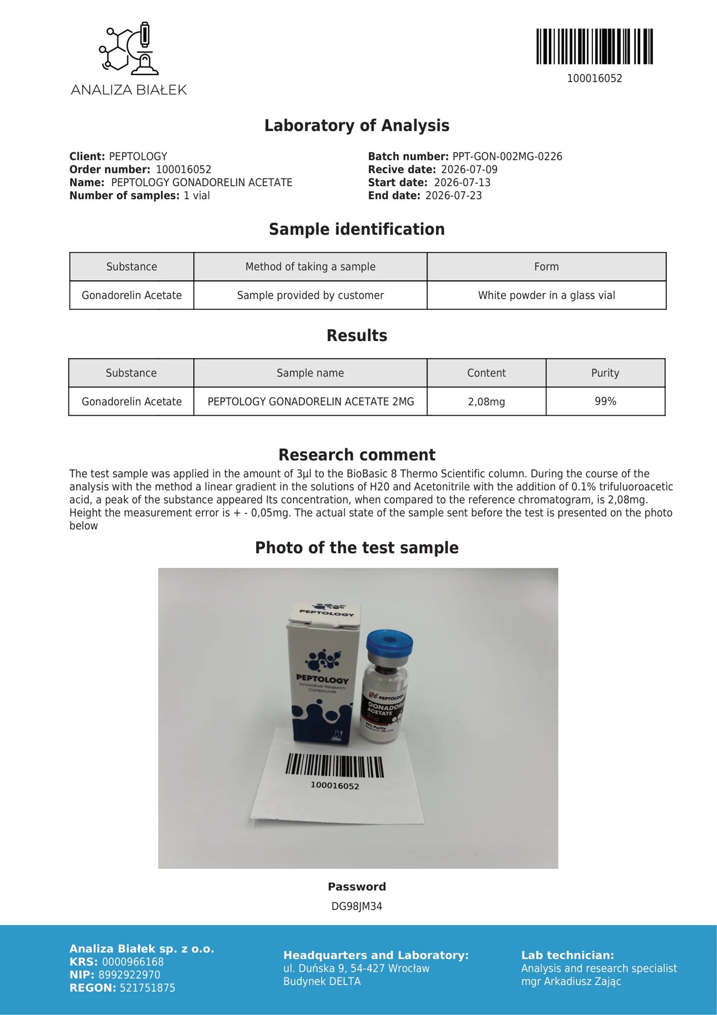 Gonadorelin 2 mg – HPLC tisztasági tanúsítvány, tétel 0226