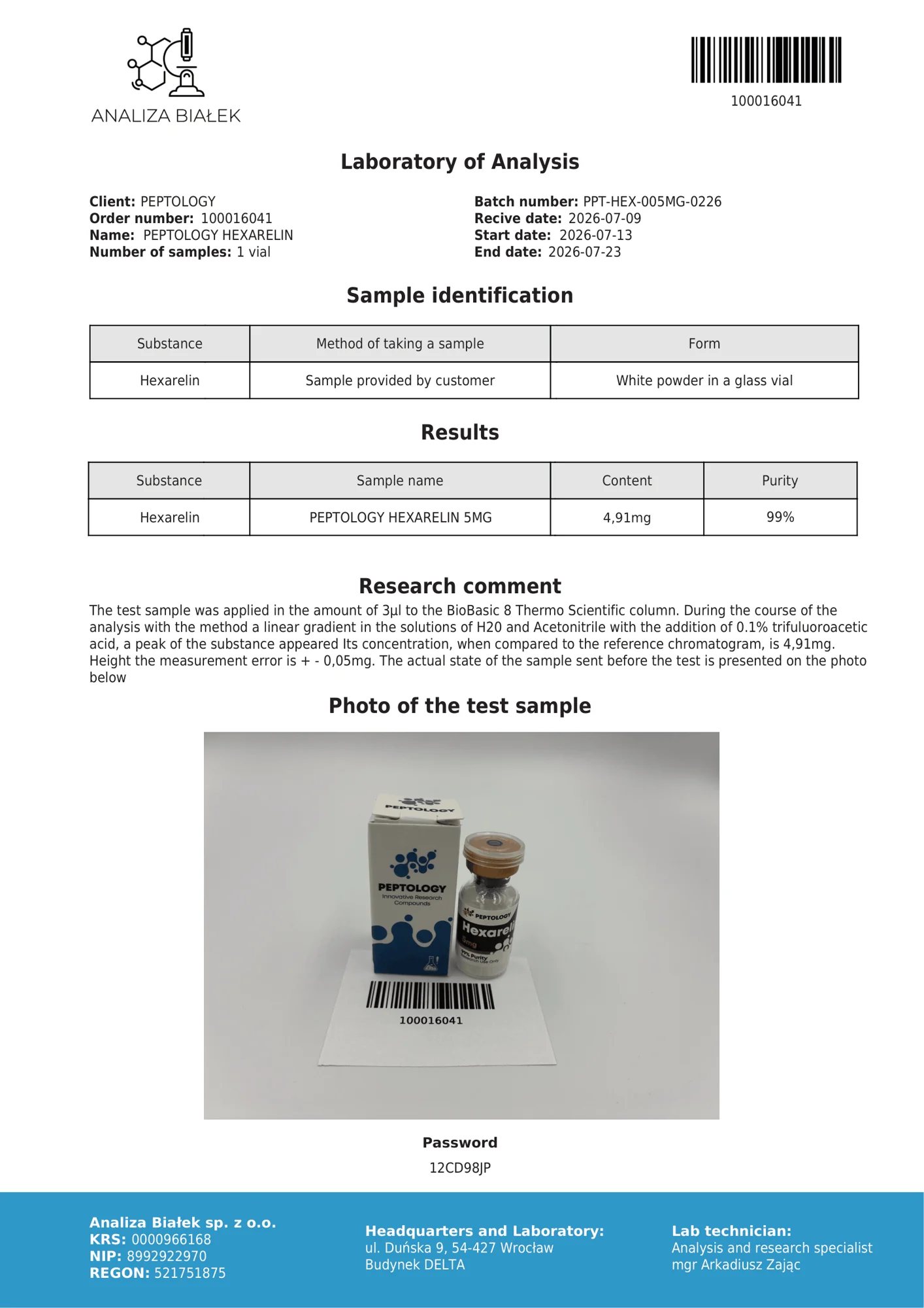 Hexarelin 5 mg – HPLC tisztasági tanúsítvány, tétel 0226