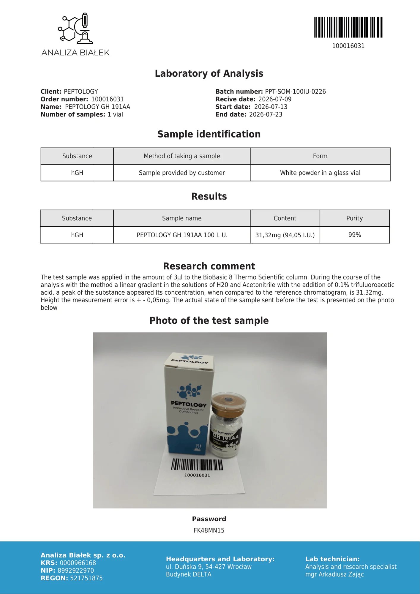 Somatropin 100 IU – HPLC tisztasági tanúsítvány, tétel 0226