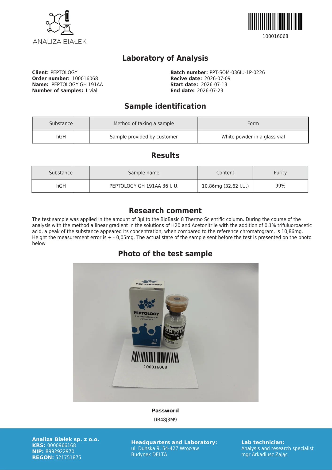 Somatropin 36 IU – HPLC tisztasági tanúsítvány, tétel 0226