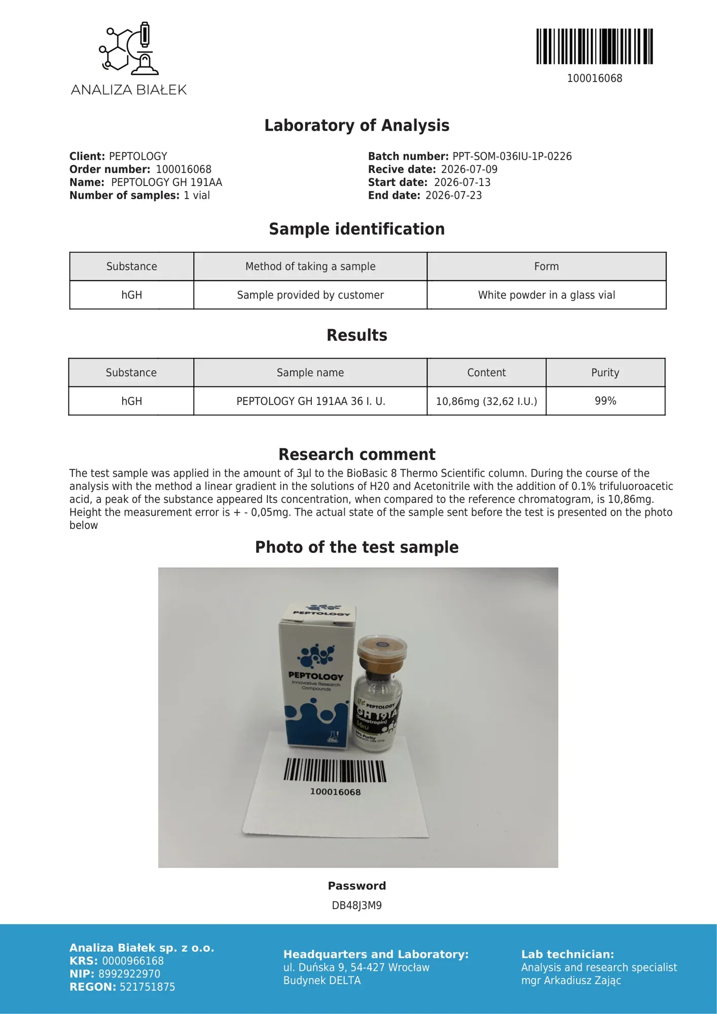 Somatropin 36 IU – HPLC tisztasági tanúsítvány, tétel 0226