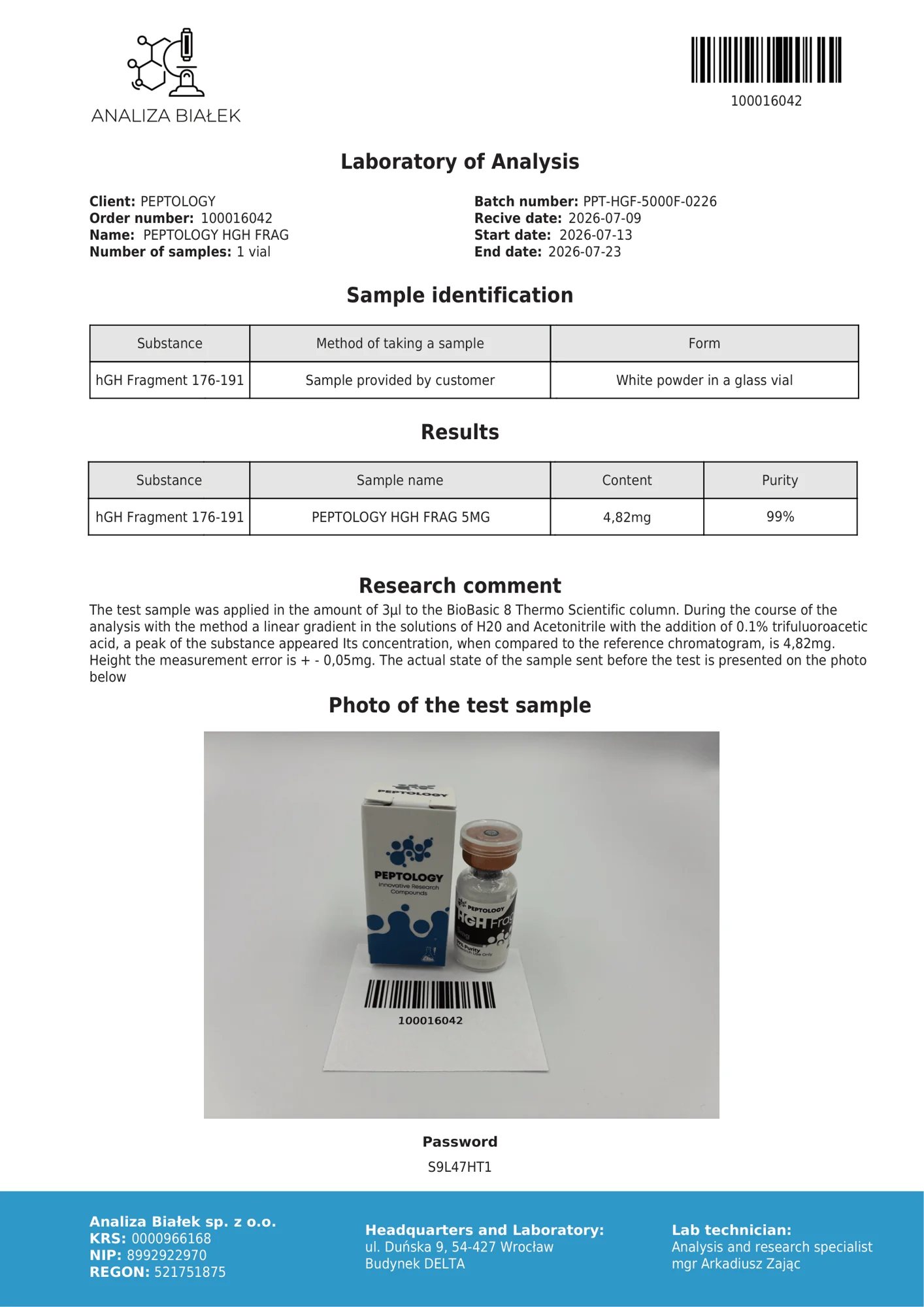 HGH Frag 5 mg – HPLC tisztasági tanúsítvány, tétel 0226
