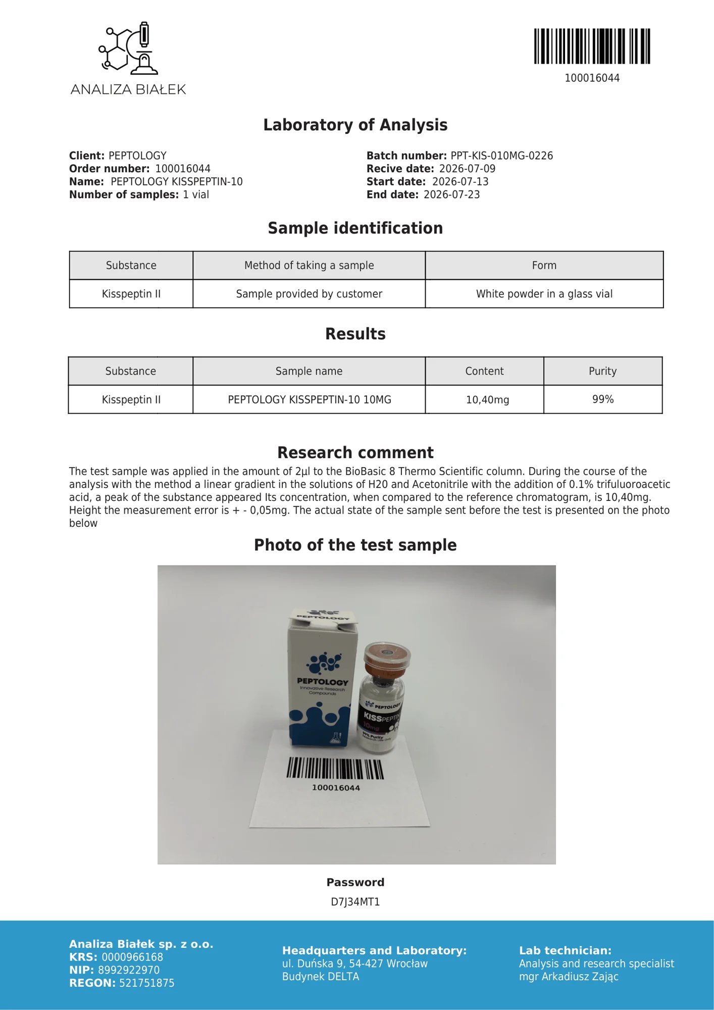 Kisspeptin-10 10 mg – HPLC tisztasági tanúsítvány, tétel 0226