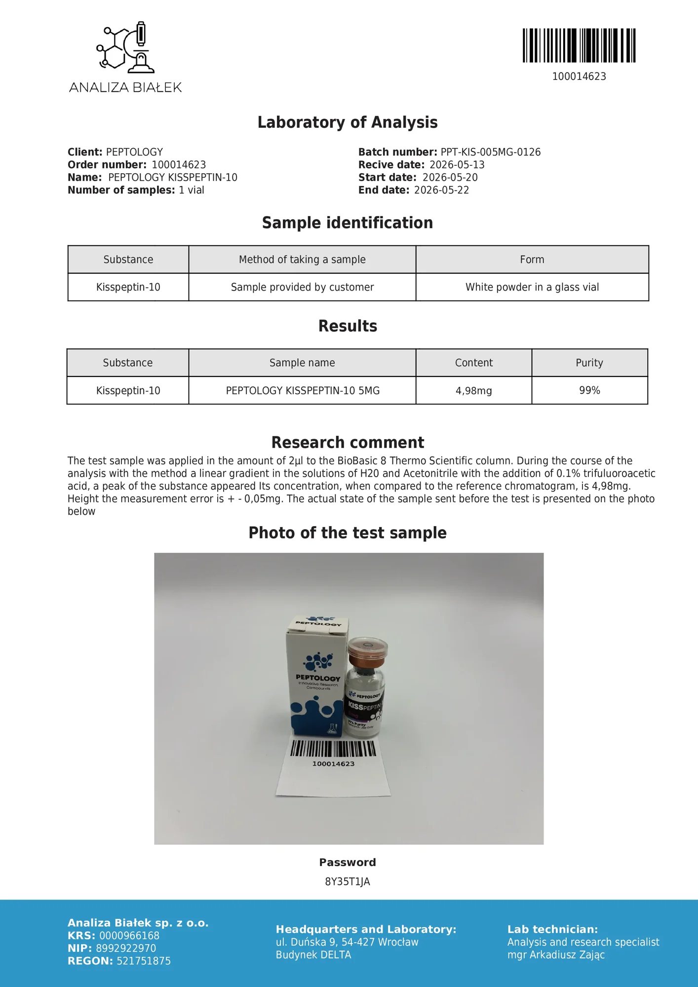Kisspeptin-10 5 mg – HPLC tisztasági tanúsítvány, tétel 0126