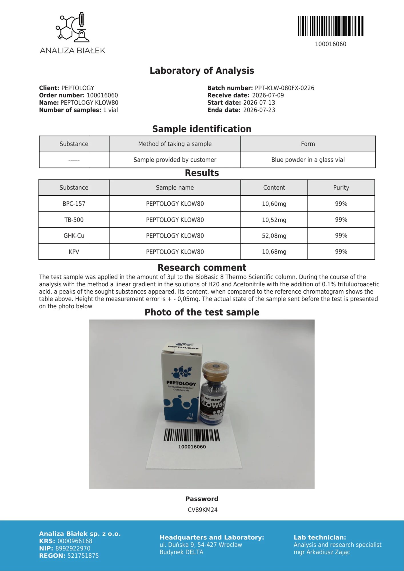 KLOW80 80 mg – HPLC tisztasági tanúsítvány, tétel 0226