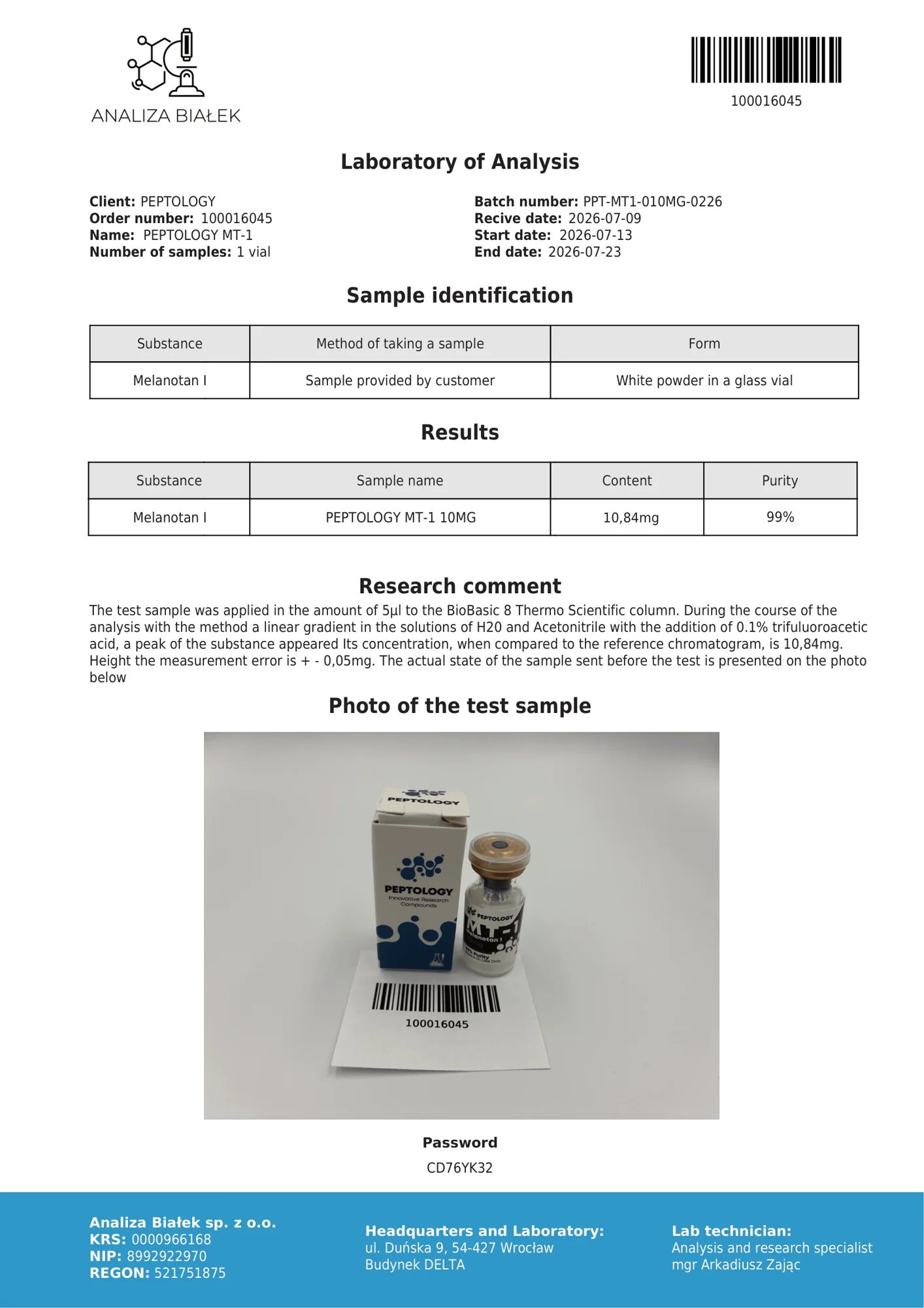 MT-1 10 mg – HPLC tisztasági tanúsítvány, tétel 0226