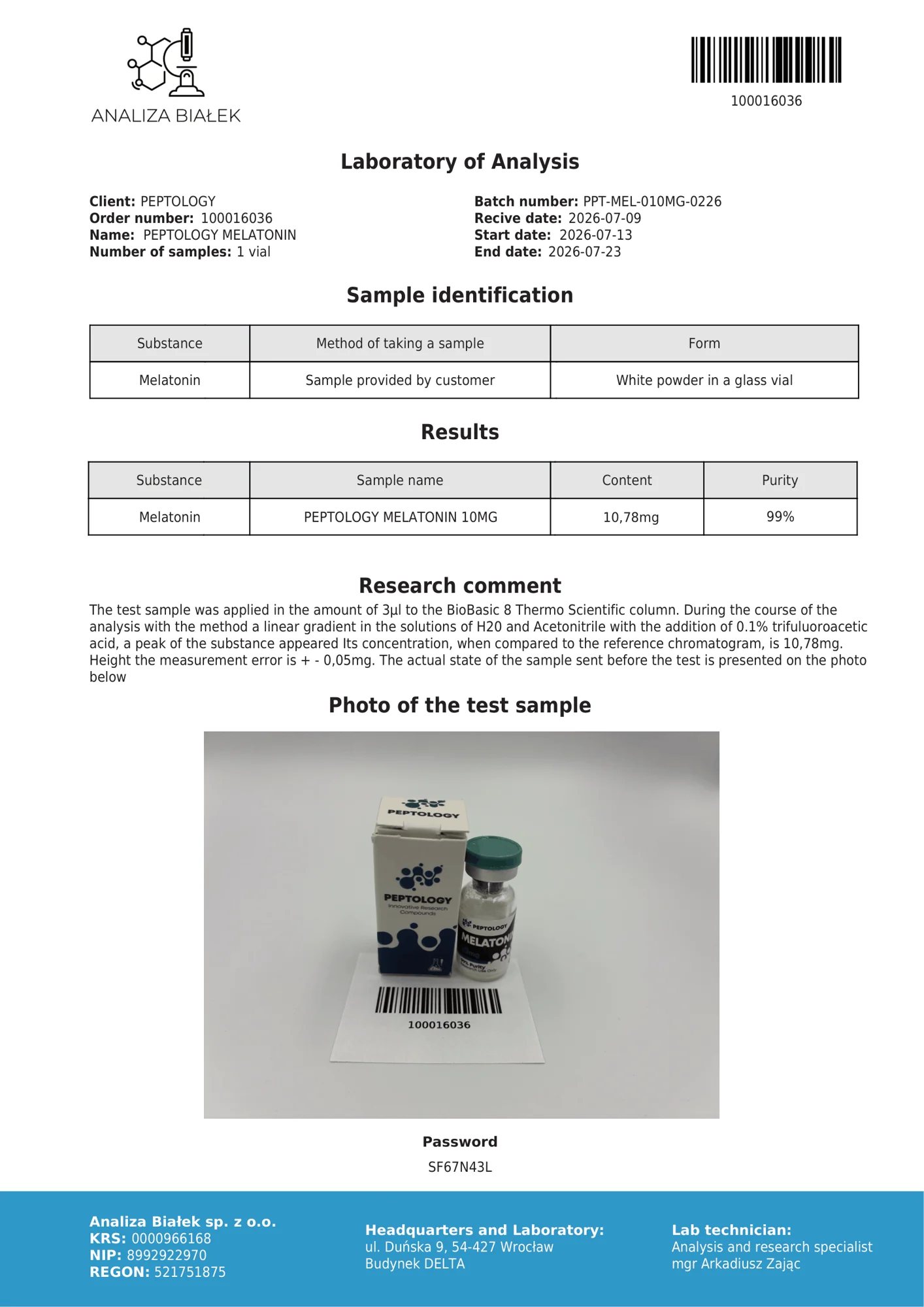 Melatonin 10 mg – HPLC tisztasági tanúsítvány, tétel 0226