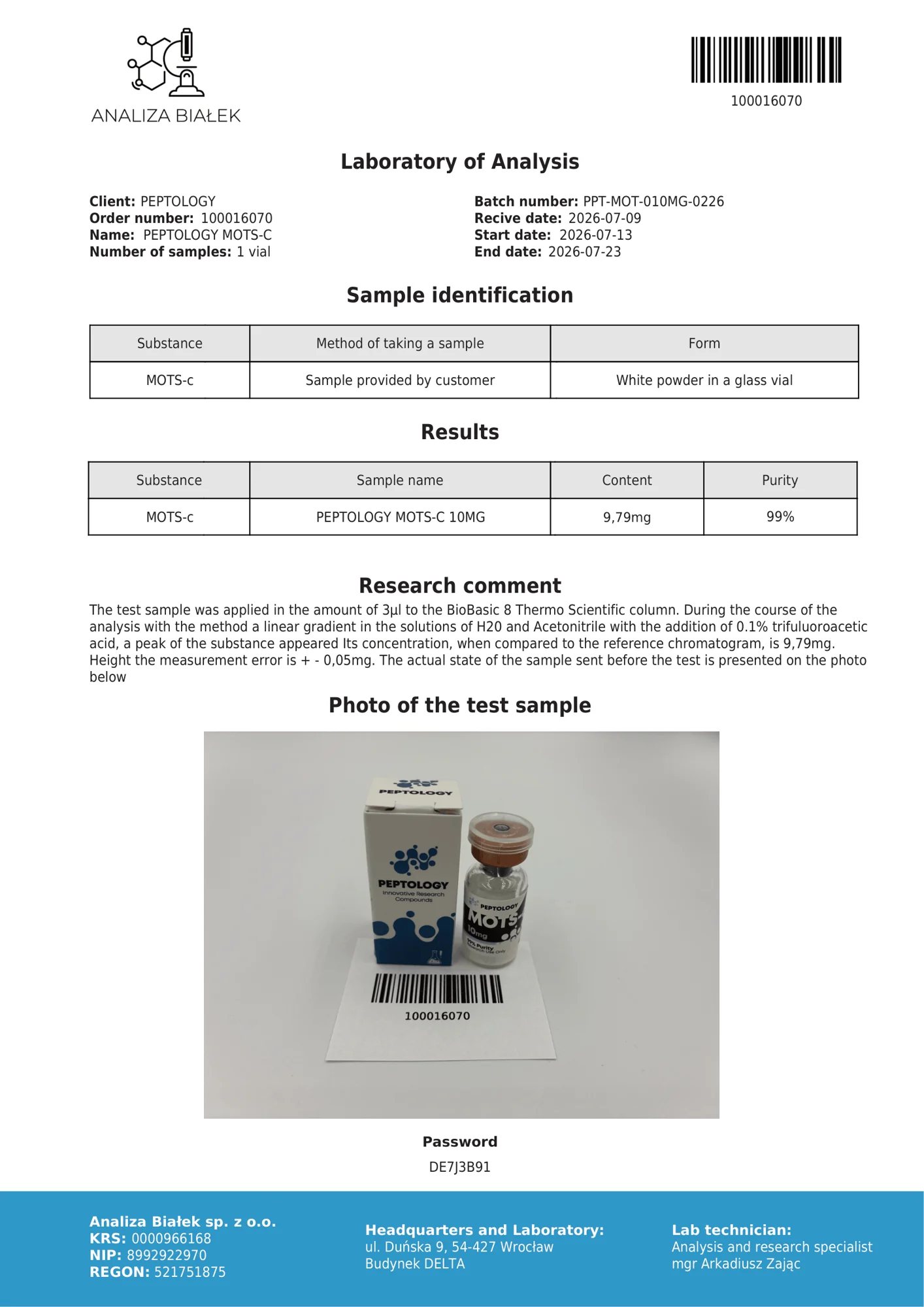 MOTS-c 10 mg – HPLC tisztasági tanúsítvány, tétel 0226