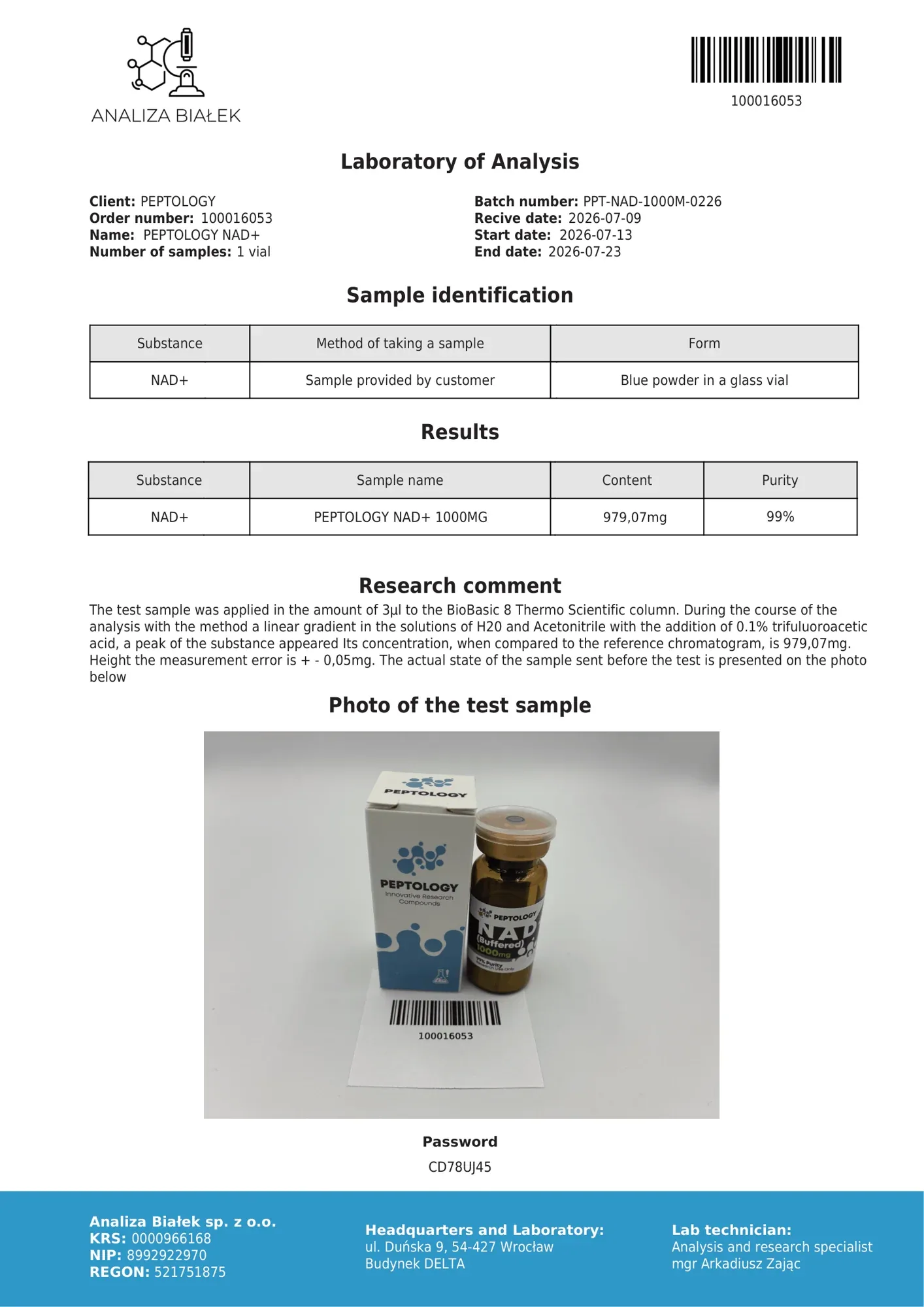 NAD+ 1000 mg – HPLC tisztasági tanúsítvány, tétel 0226
