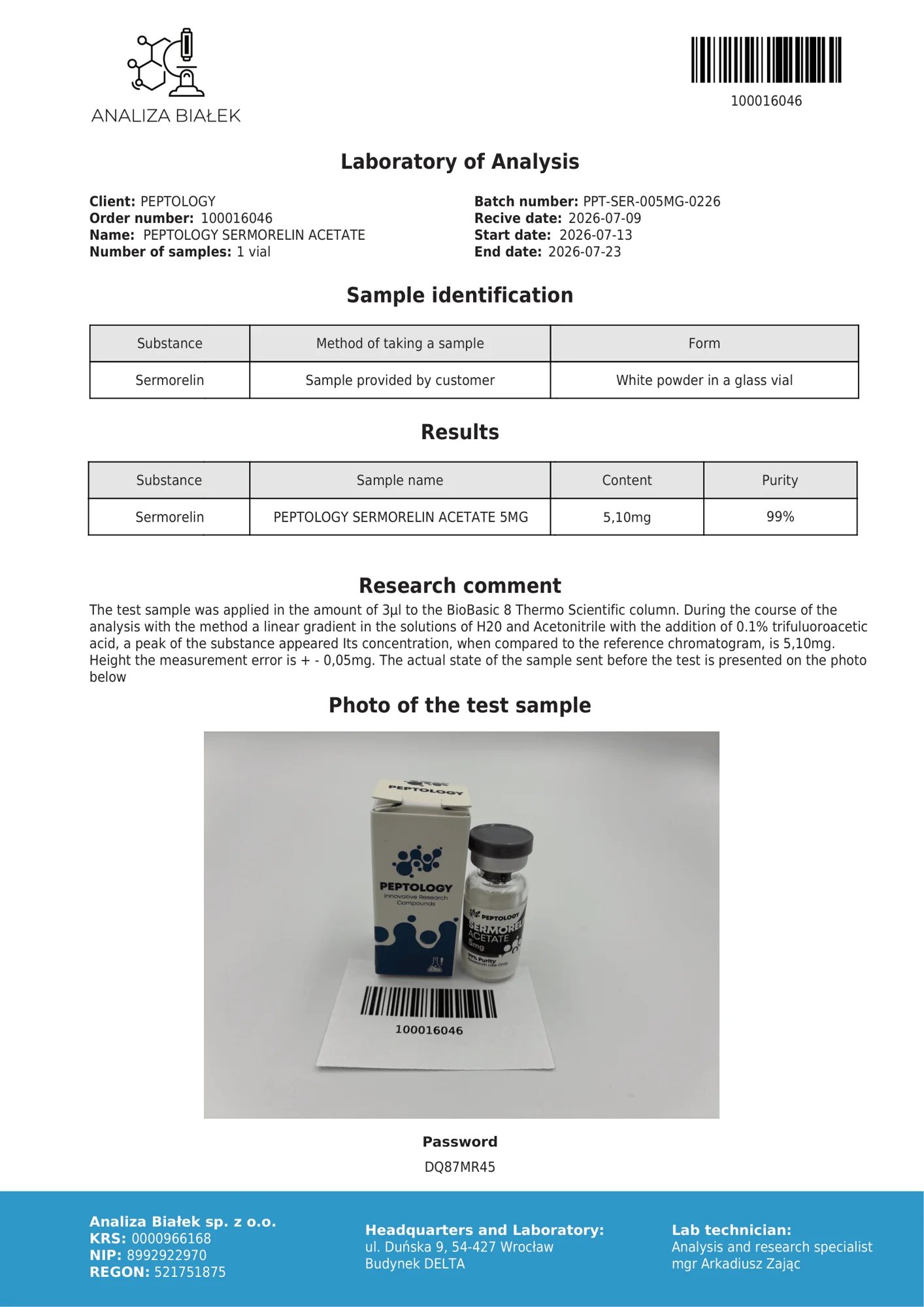 Sermorelin 5 mg – HPLC tisztasági tanúsítvány, tétel 0226