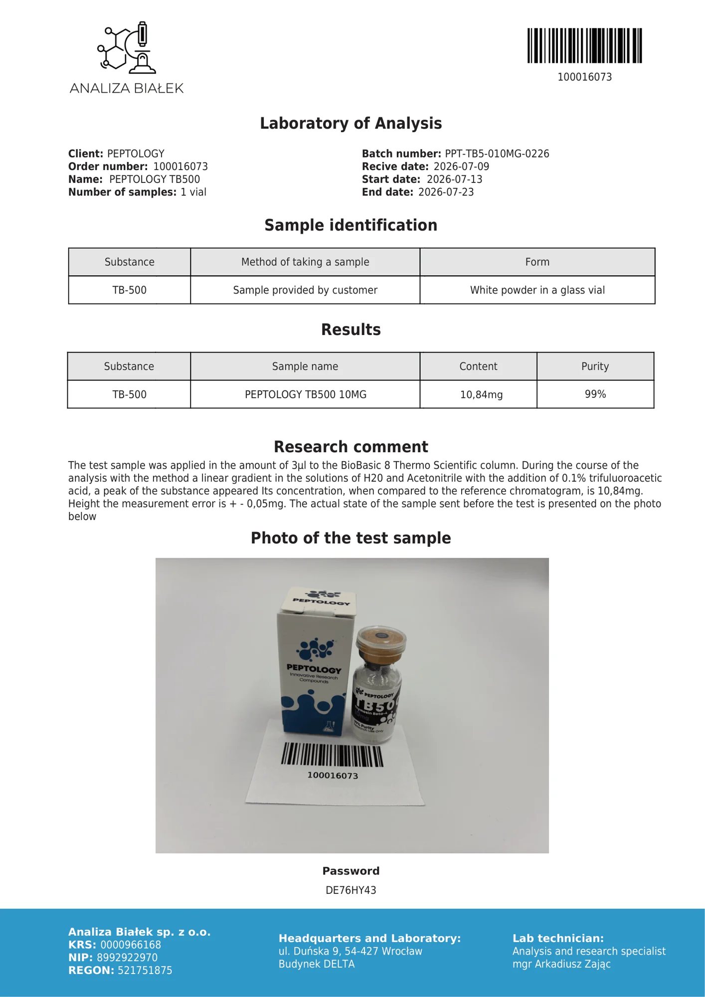 TB500 10 mg – HPLC tisztasági tanúsítvány, tétel 0226