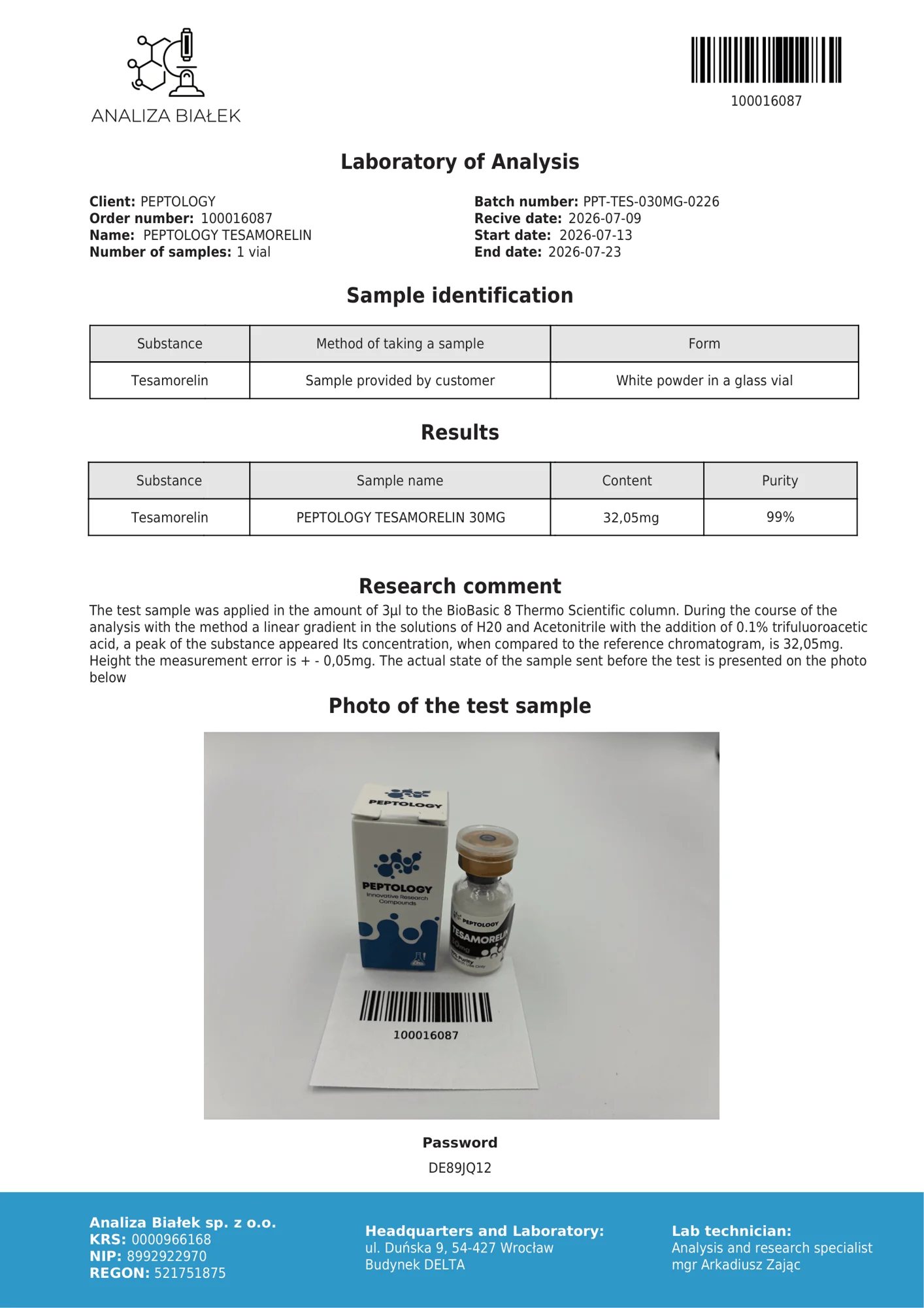 Tesamorelin 30 mg – HPLC tisztasági tanúsítvány, tétel 0226