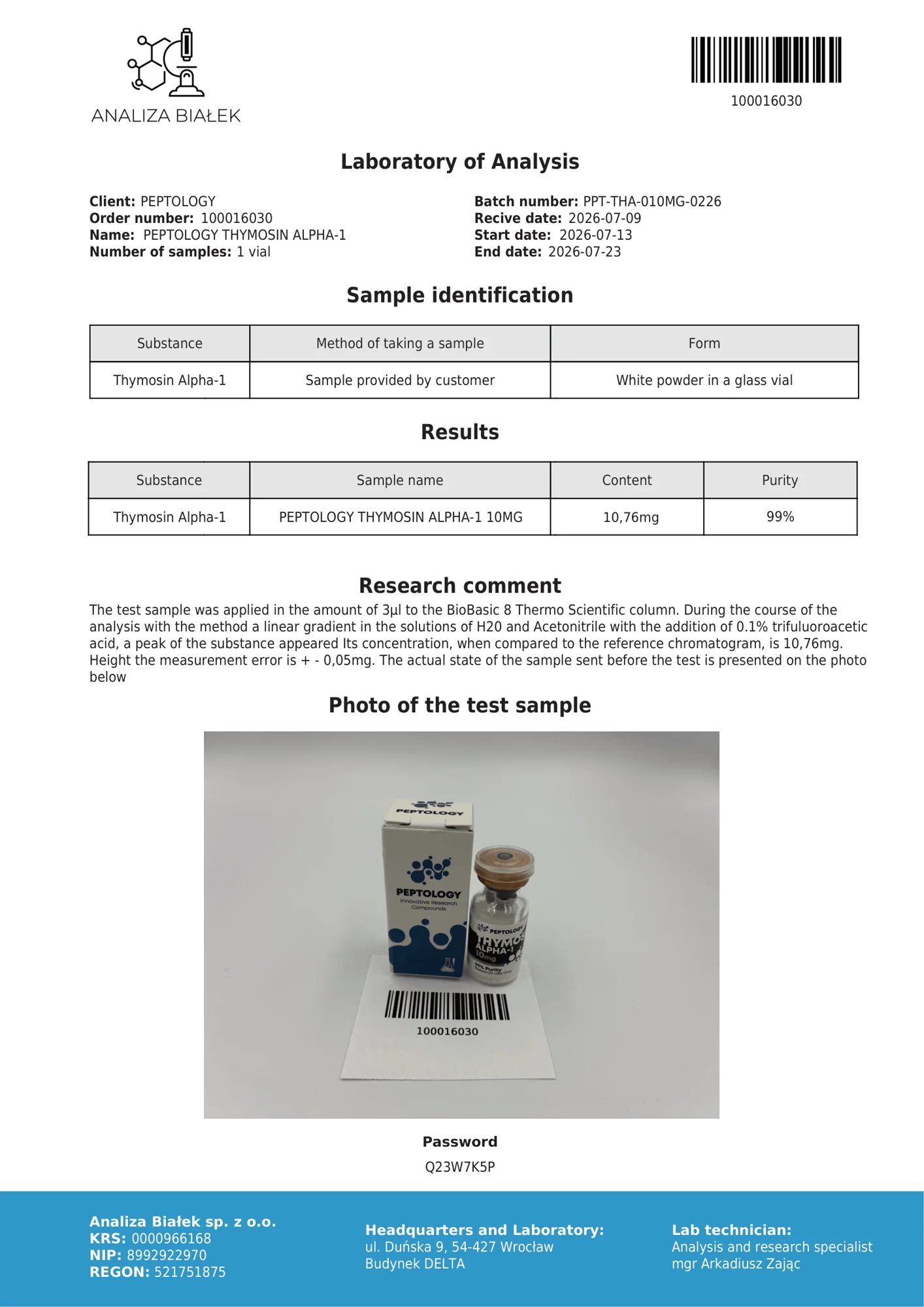 Thymosin Alpha-1 10 mg – HPLC tisztasági tanúsítvány, tétel 0226