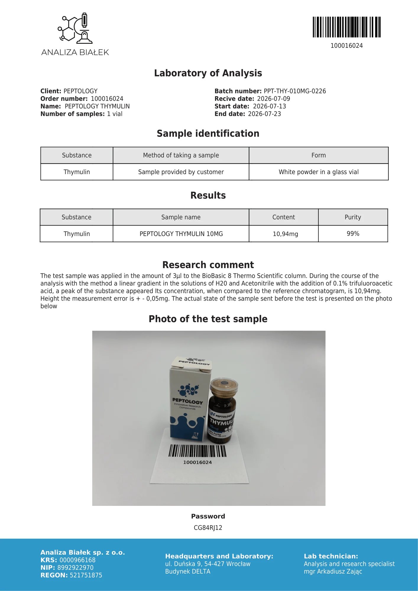 Thymulin 10 mg – HPLC tisztasági tanúsítvány, tétel 0226