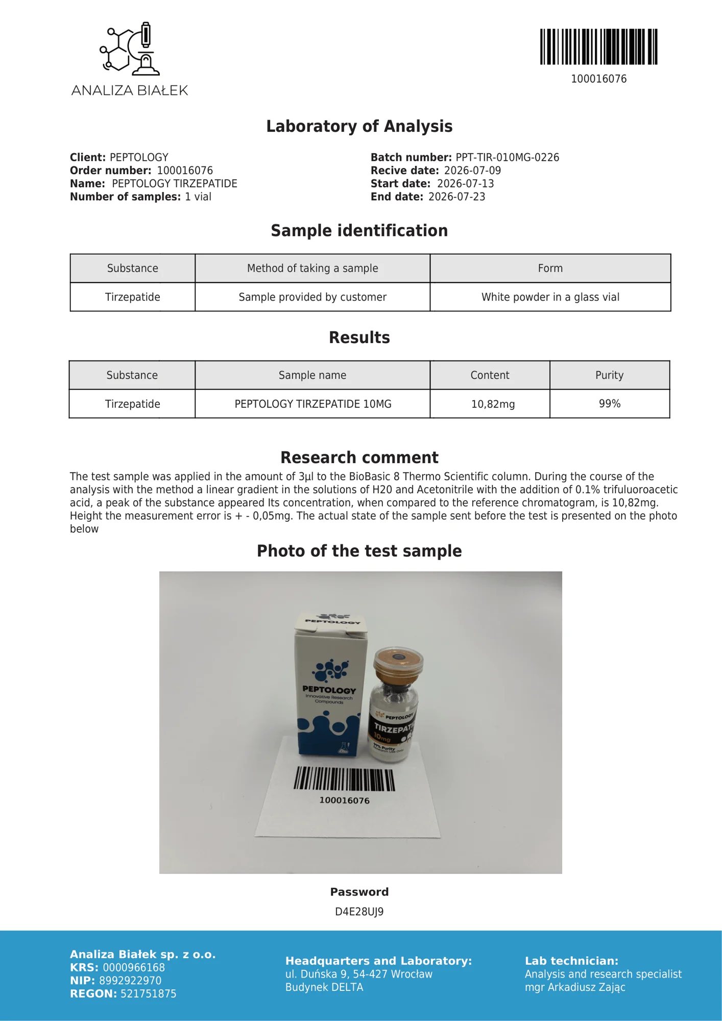 Tirzepatide 10 mg – HPLC tisztasági tanúsítvány, tétel 0226