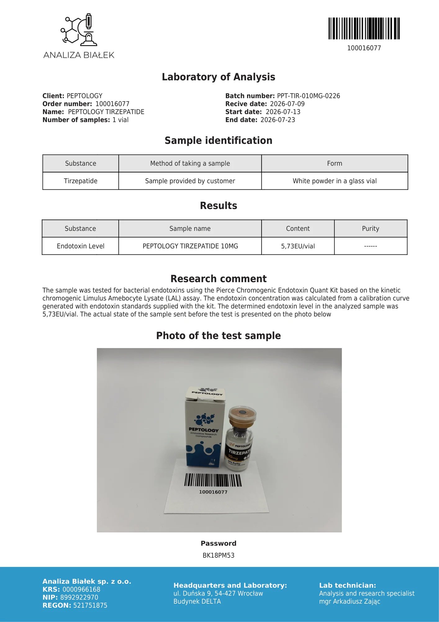Tirzepatide 10 mg – endotoxin-teszt, tétel 0226