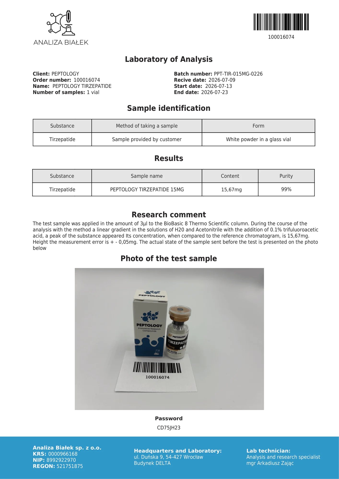 Tirzepatide 15 mg – HPLC tisztasági tanúsítvány, tétel 0226