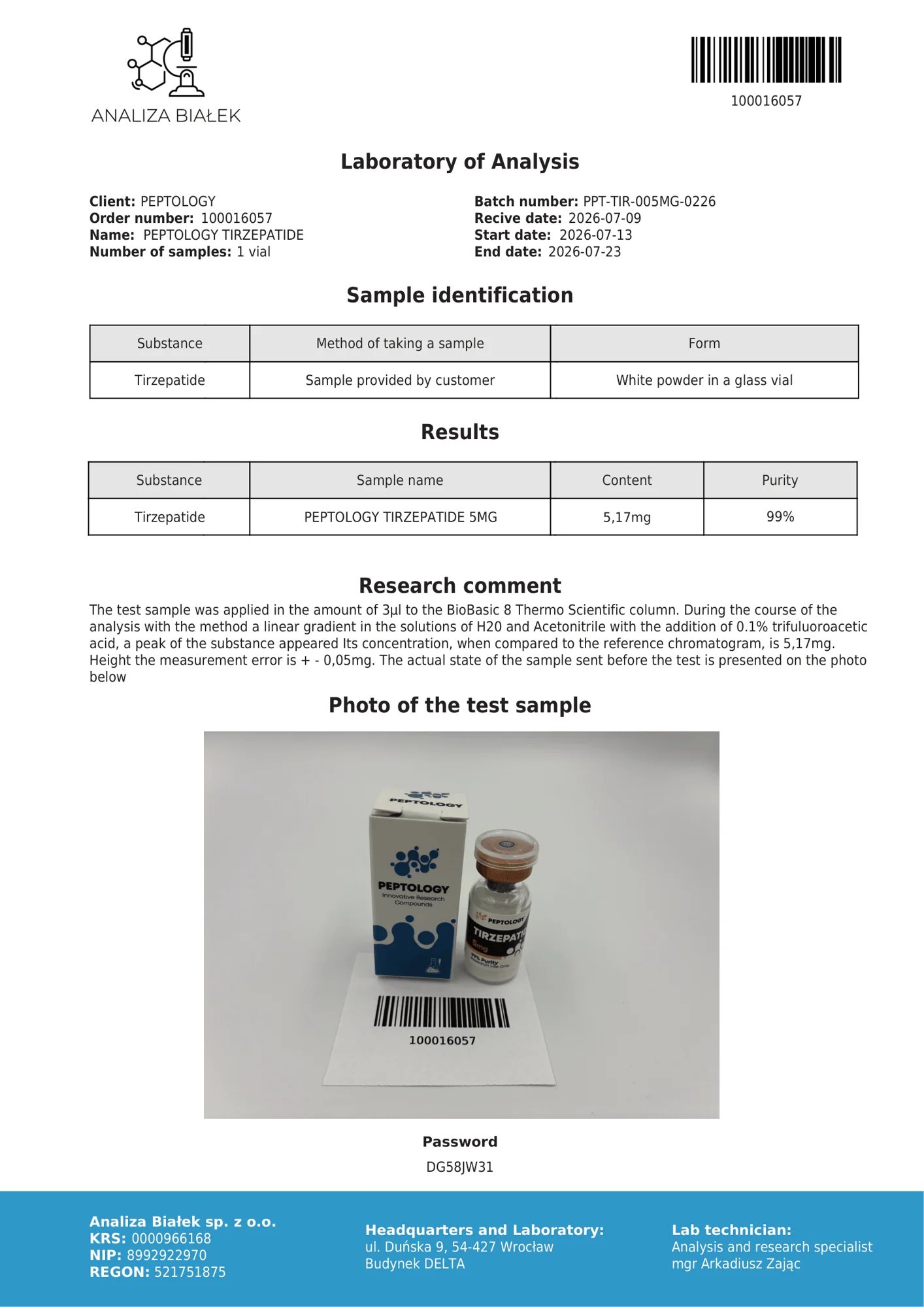 Tirzepatide 5 mg – HPLC tisztasági tanúsítvány, tétel 0226