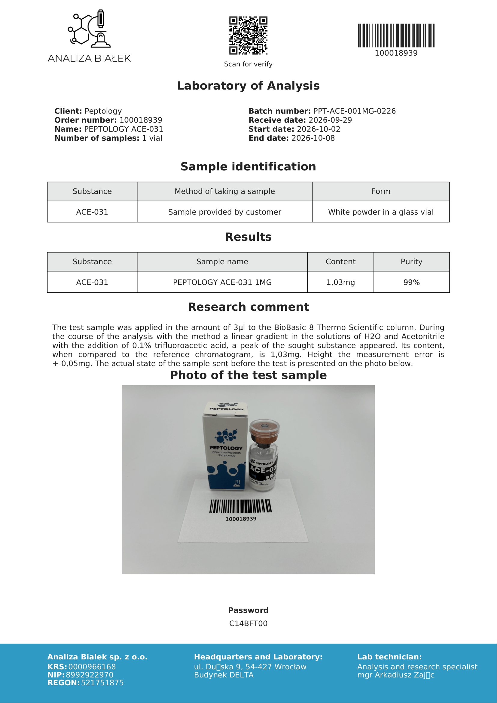ACE-031 – HPLC tisztasági tanúsítvány, tétel 0226