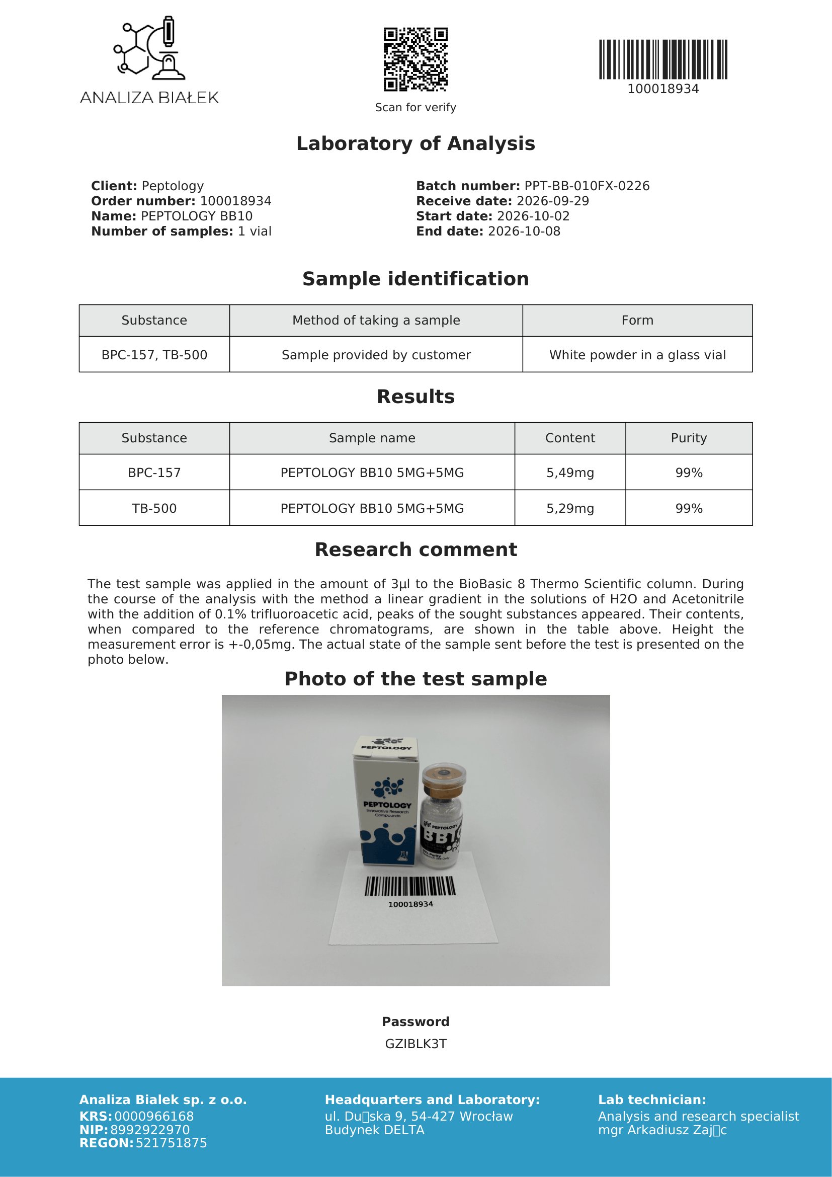 BB10 – HPLC tisztasági tanúsítvány, tétel 0226