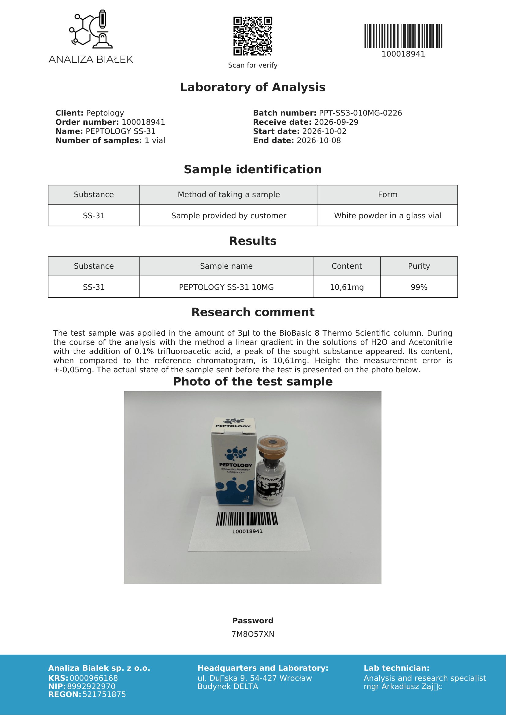 SS‑31 10 mg – HPLC tisztasági tanúsítvány, tétel 0226